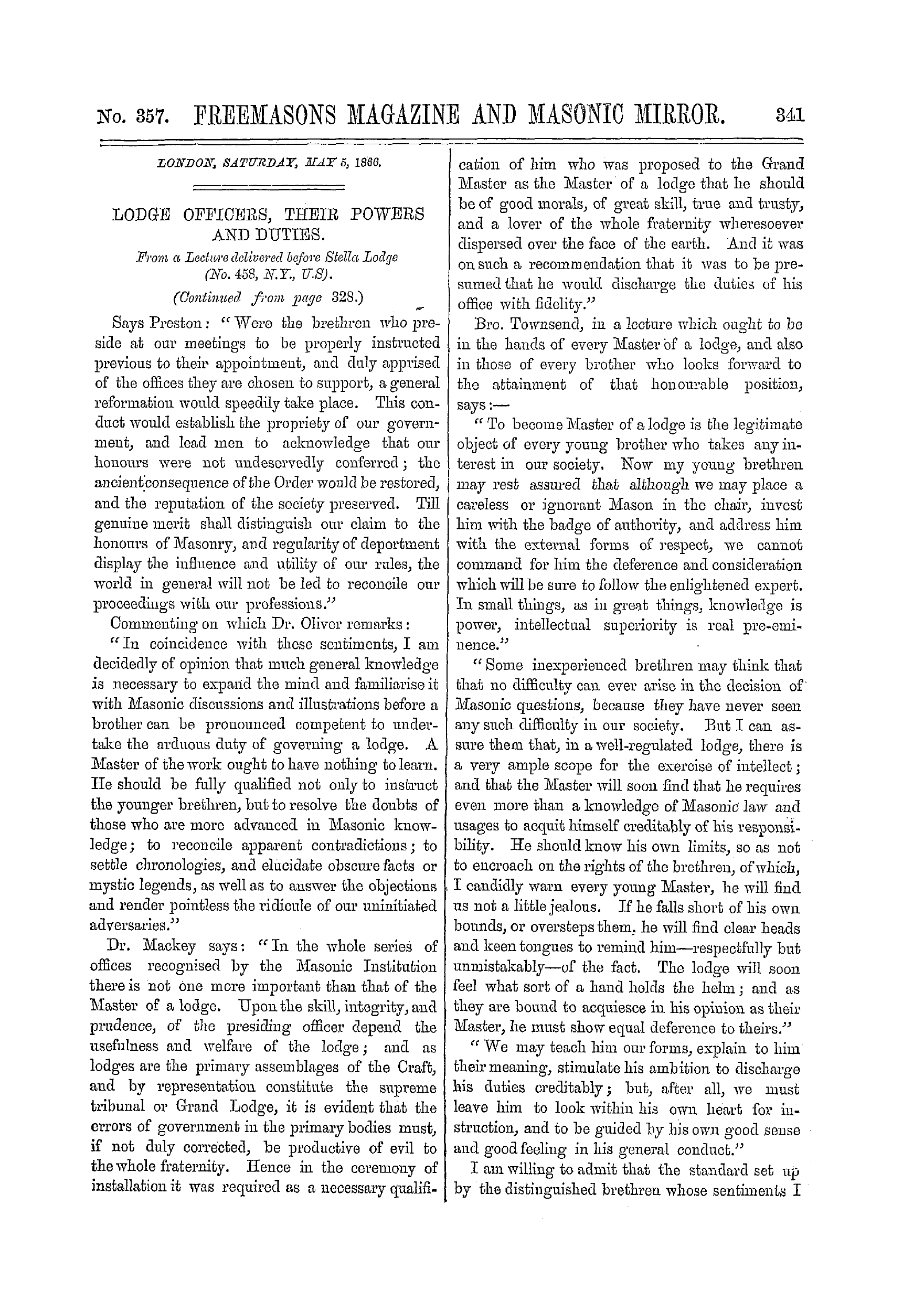 The Freemasons' Monthly Magazine: 1866-05-05 - Lodge Officers, Their Powers And Duties.