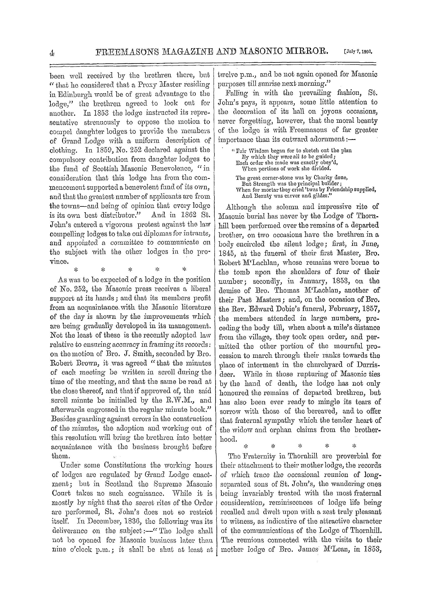 The Freemasons' Monthly Magazine: 1866-07-07 - Recollections Of The Lodge Of Freemasons At Thornhill.