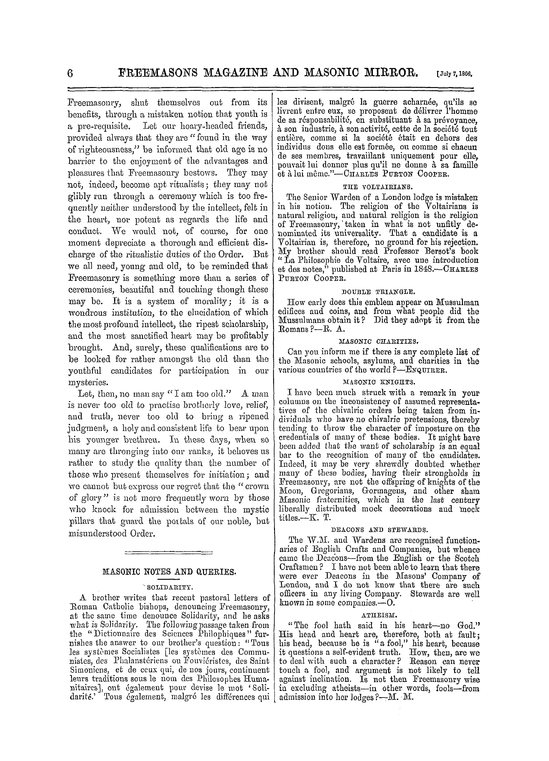 The Freemasons' Monthly Magazine: 1866-07-07 - "I Am Too Old."