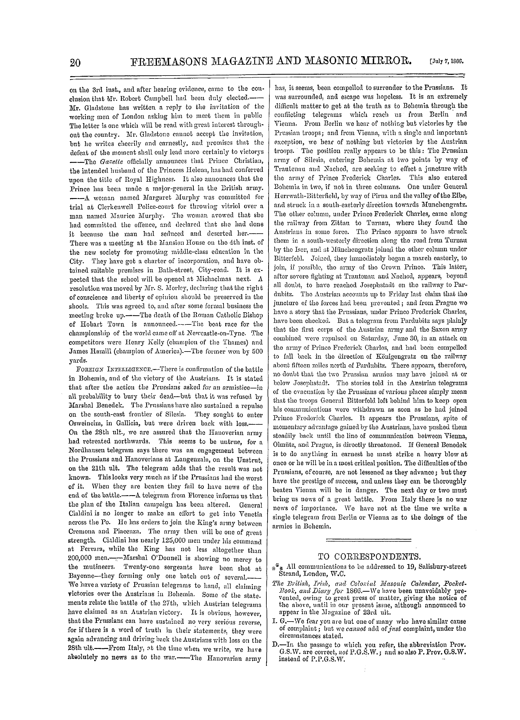 The Freemasons' Monthly Magazine: 1866-07-07 - To Correspondents.