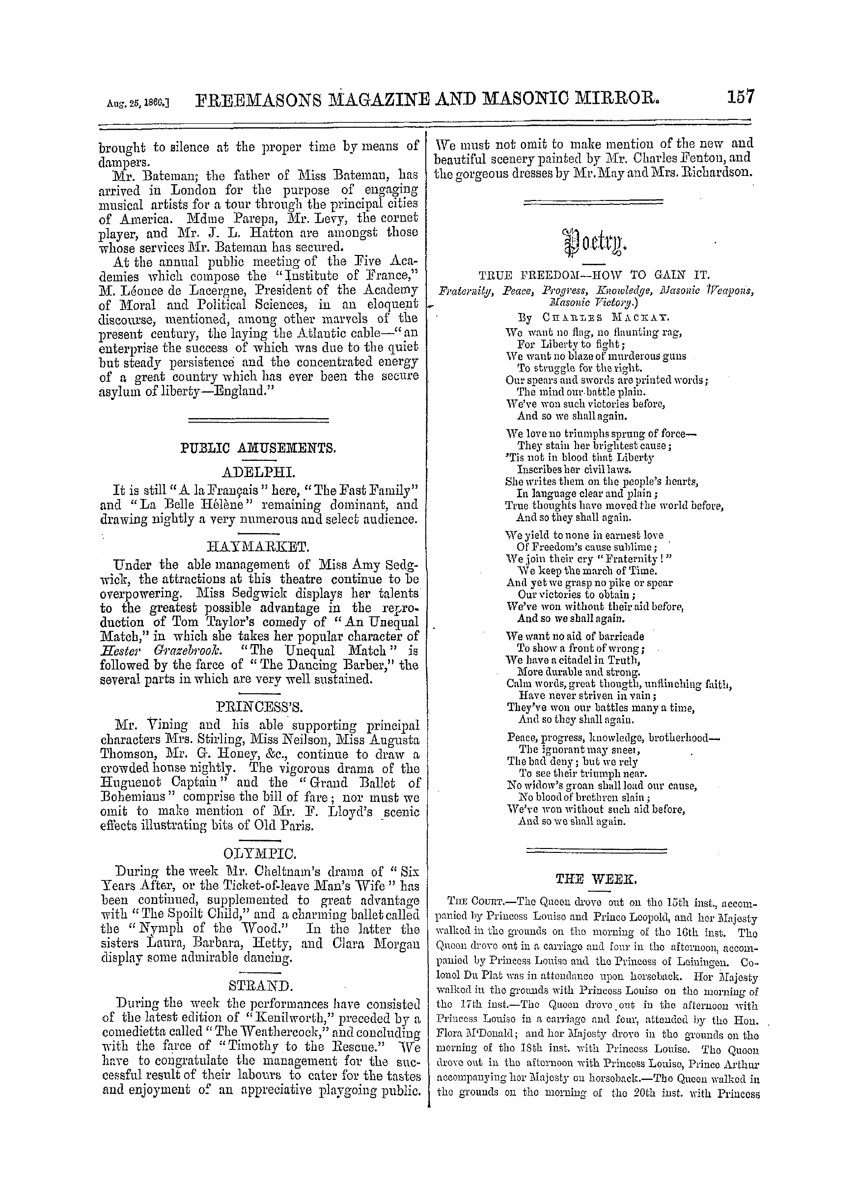 The Freemasons' Monthly Magazine: 1866-08-25 - The Week.