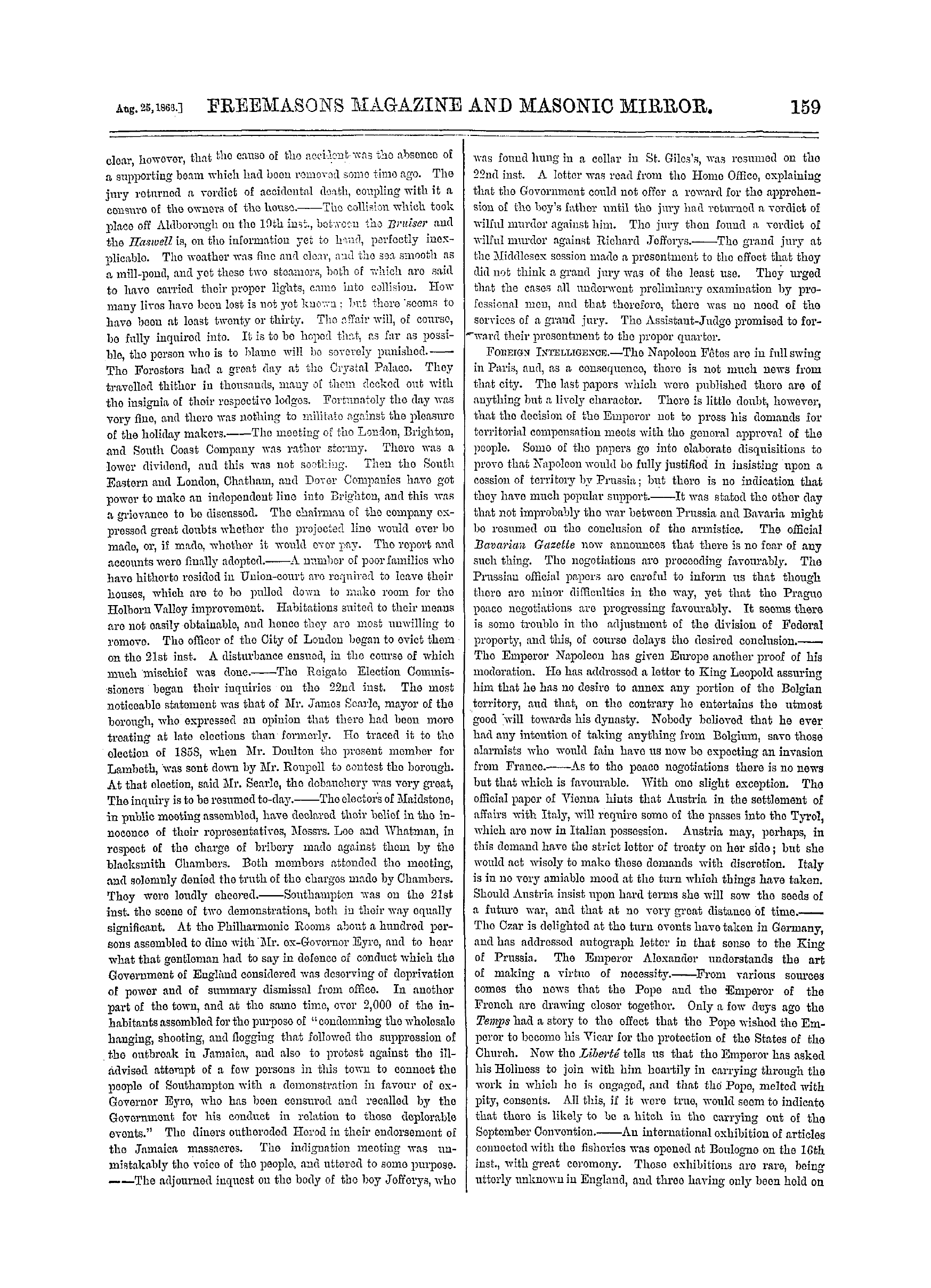 The Freemasons' Monthly Magazine: 1866-08-25 - The Week.