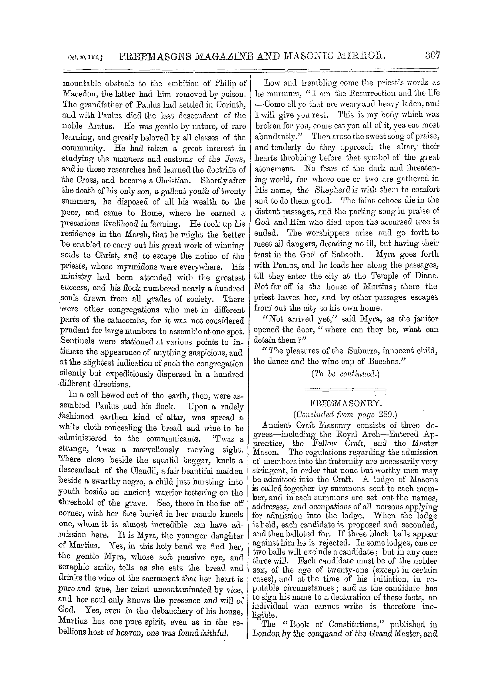 The Freemasons' Monthly Magazine: 1866-10-20 - Freemasonry.