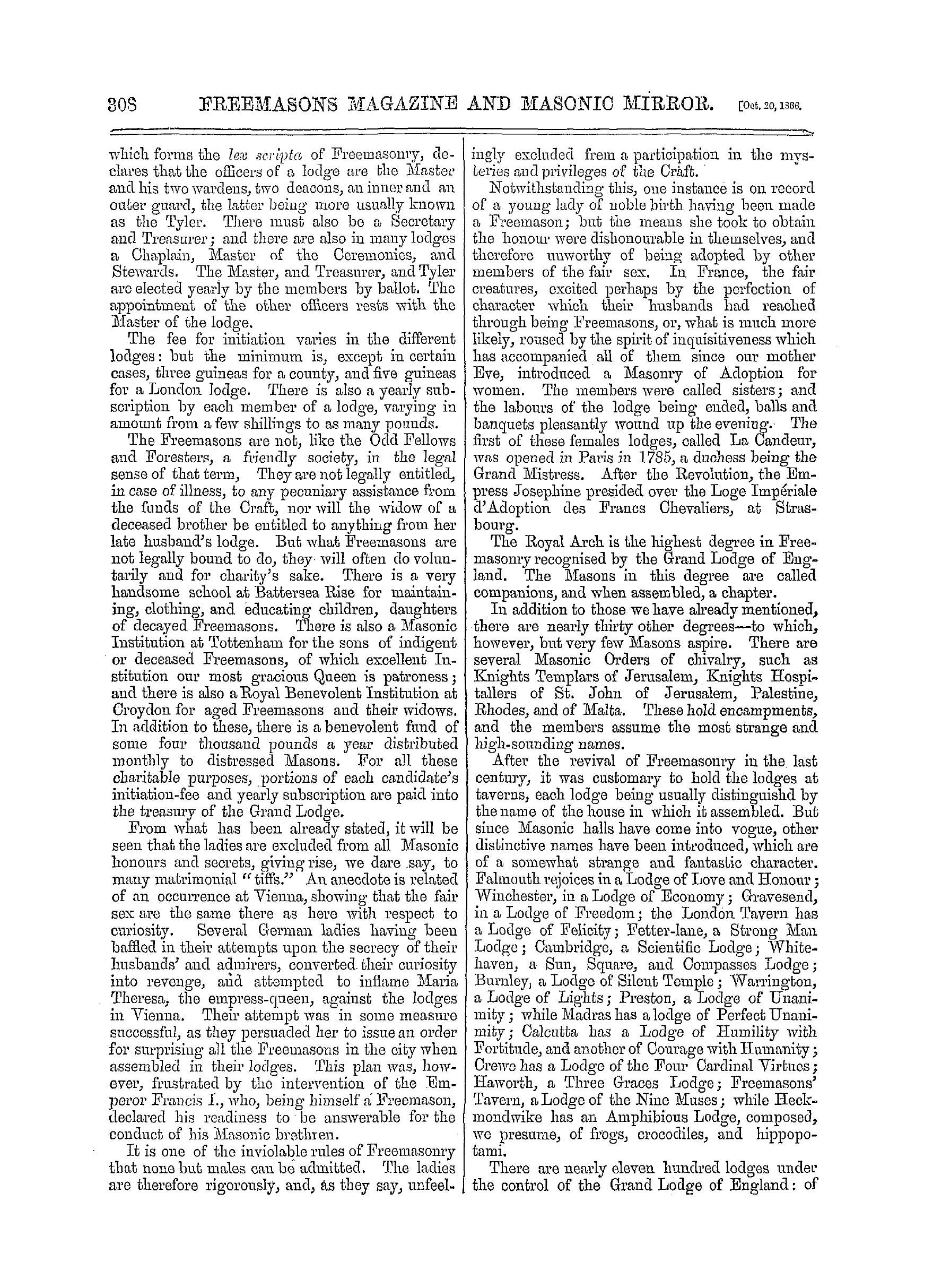 The Freemasons' Monthly Magazine: 1866-10-20 - Freemasonry.