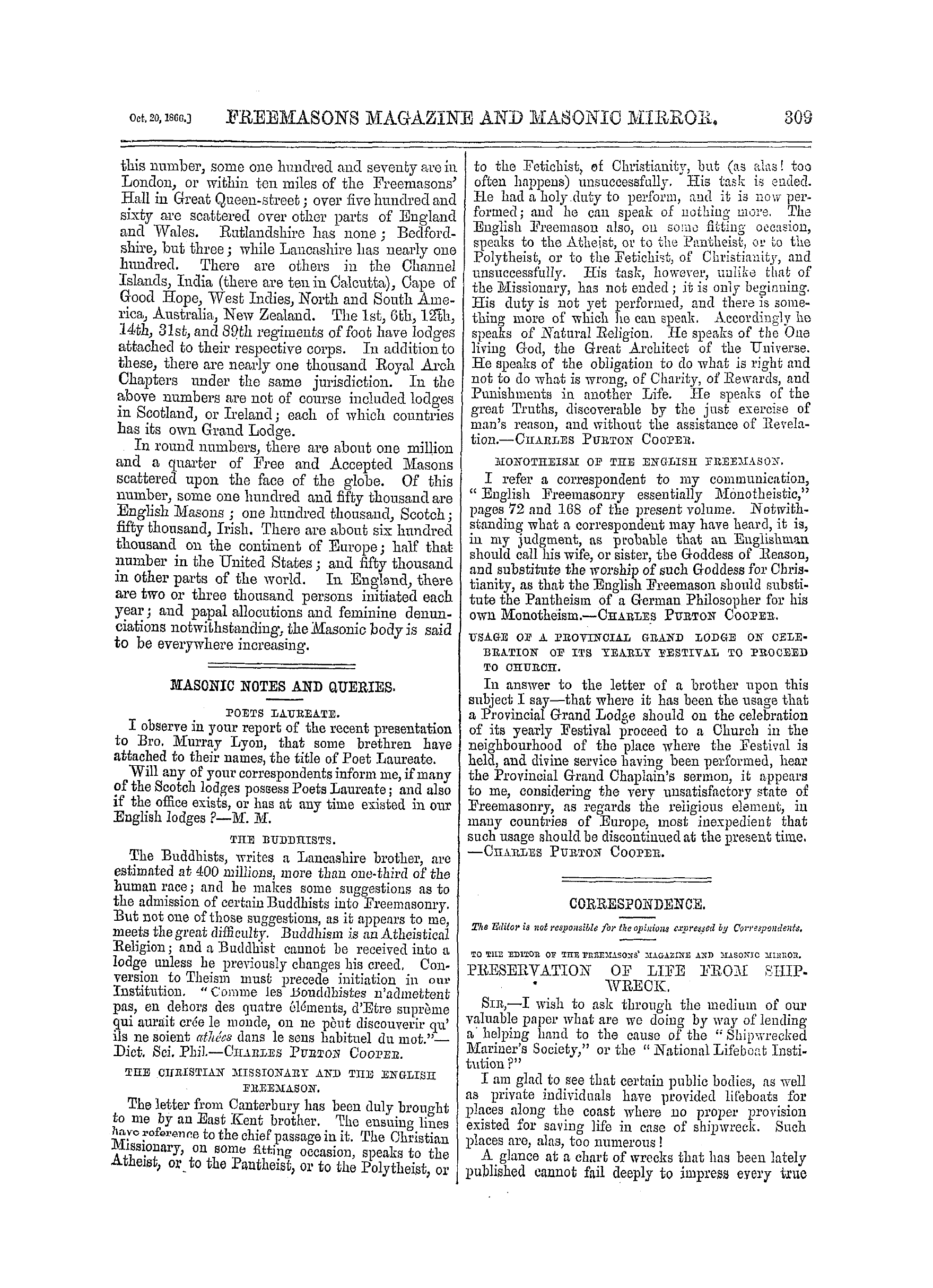 The Freemasons' Monthly Magazine: 1866-10-20 - Freemasonry.