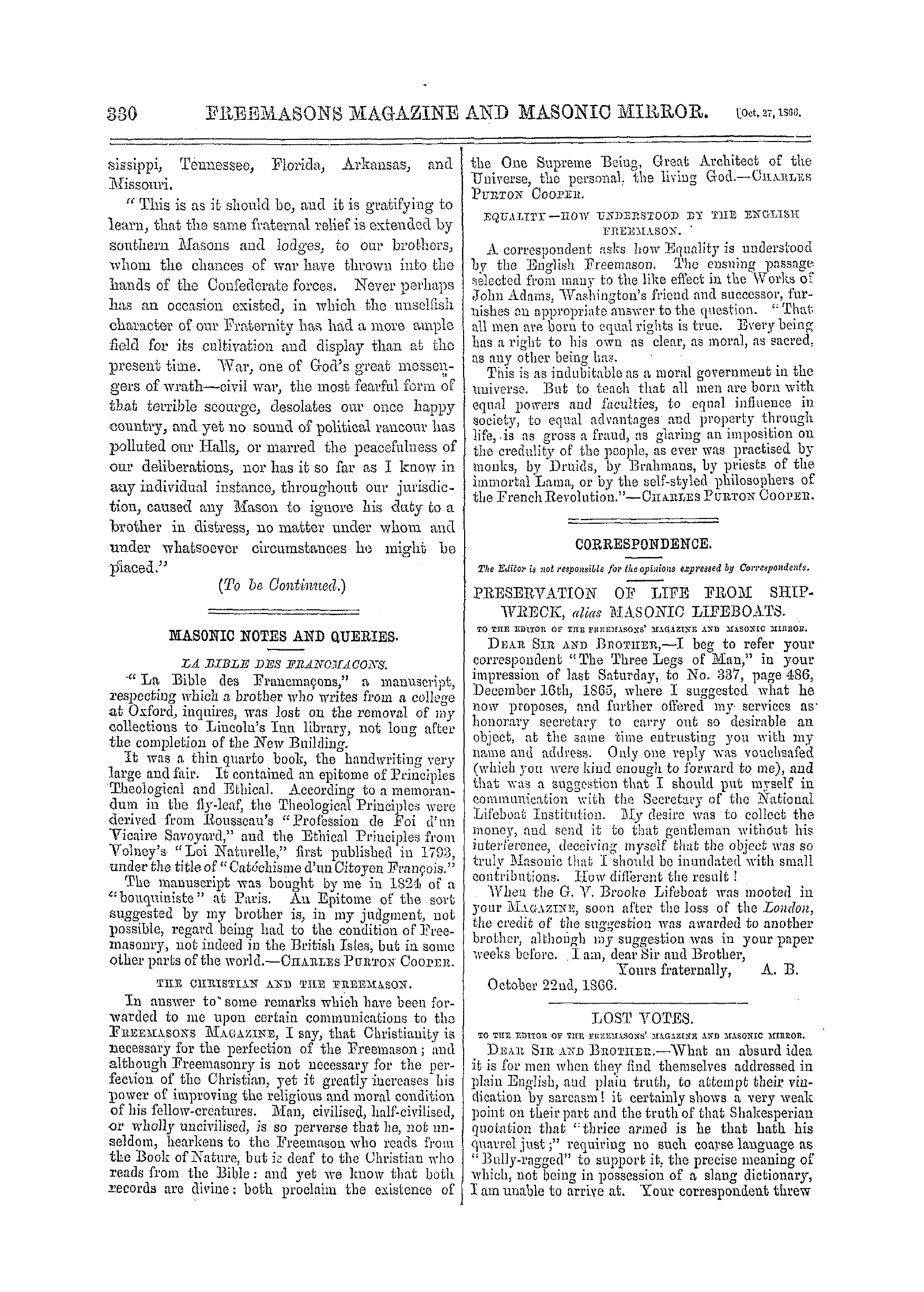 The Freemasons' Monthly Magazine: 1866-10-27 - Lost Votes.