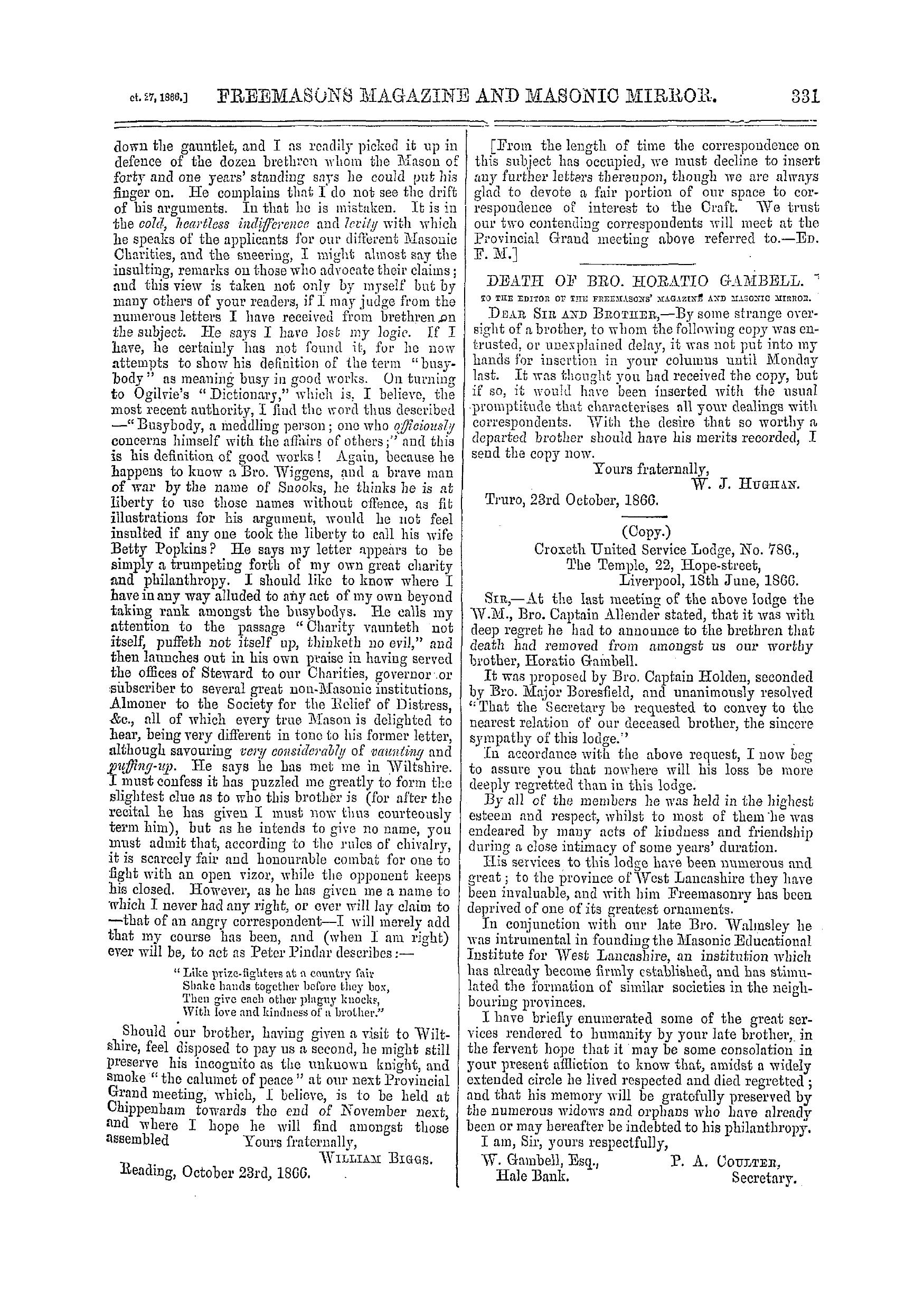 The Freemasons' Monthly Magazine: 1866-10-27 - Lost Votes.