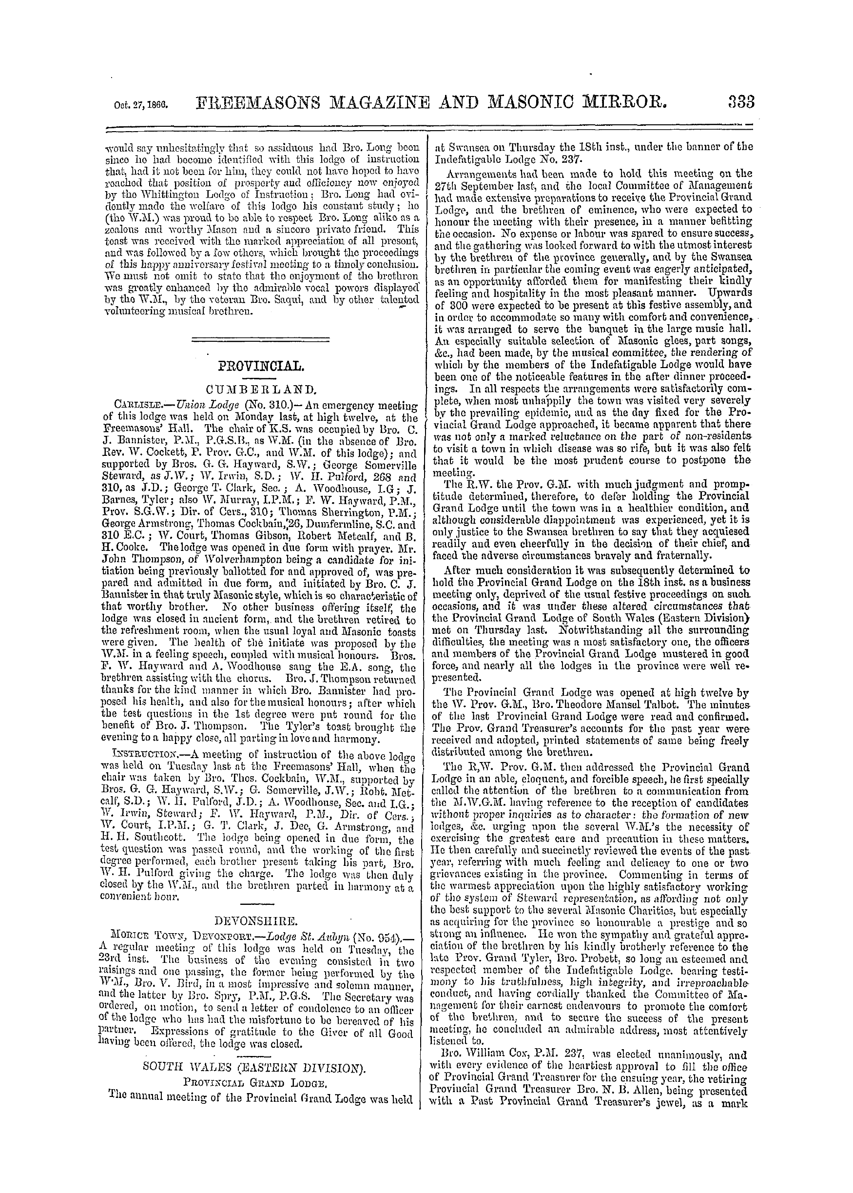 The Freemasons' Monthly Magazine: 1866-10-27 - Metropolitan.