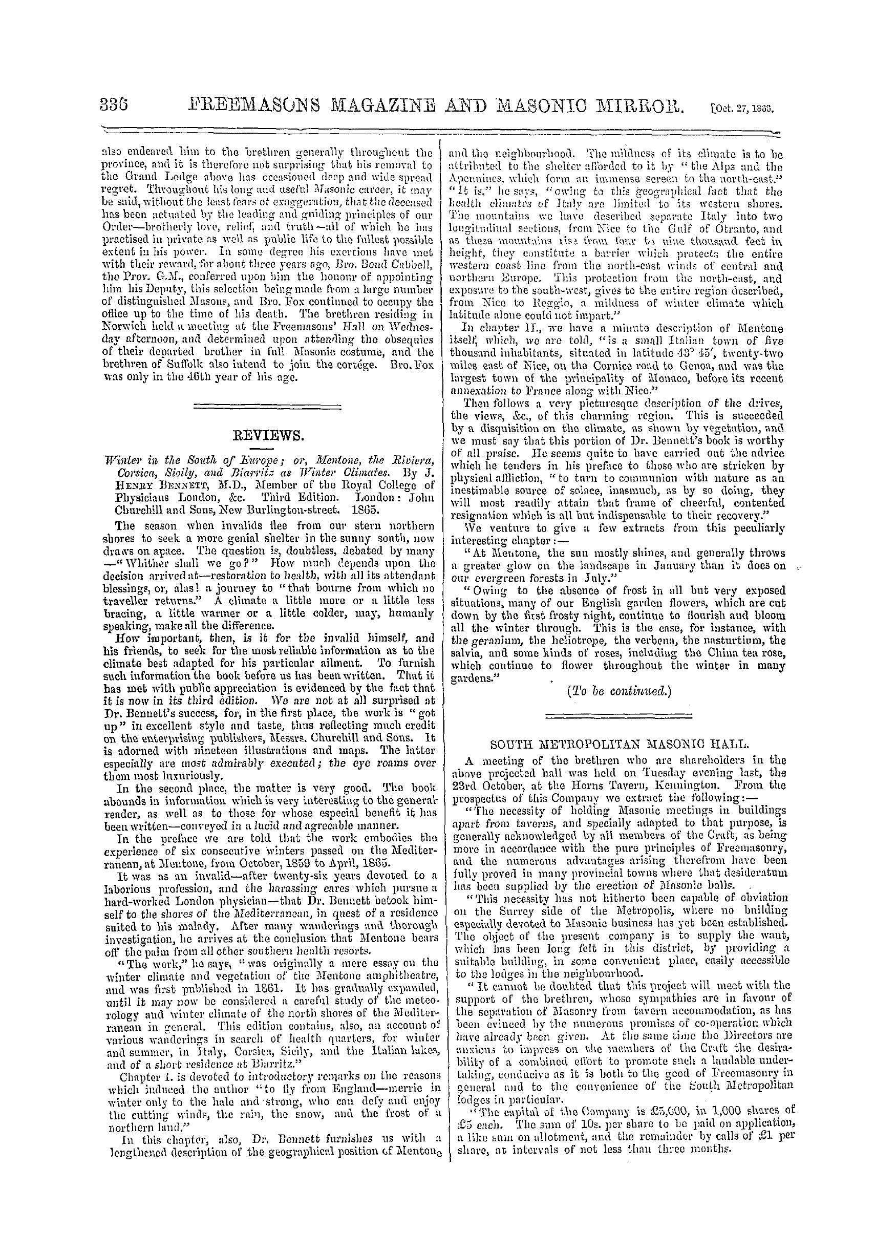 The Freemasons' Monthly Magazine: 1866-10-27 - Obituary.