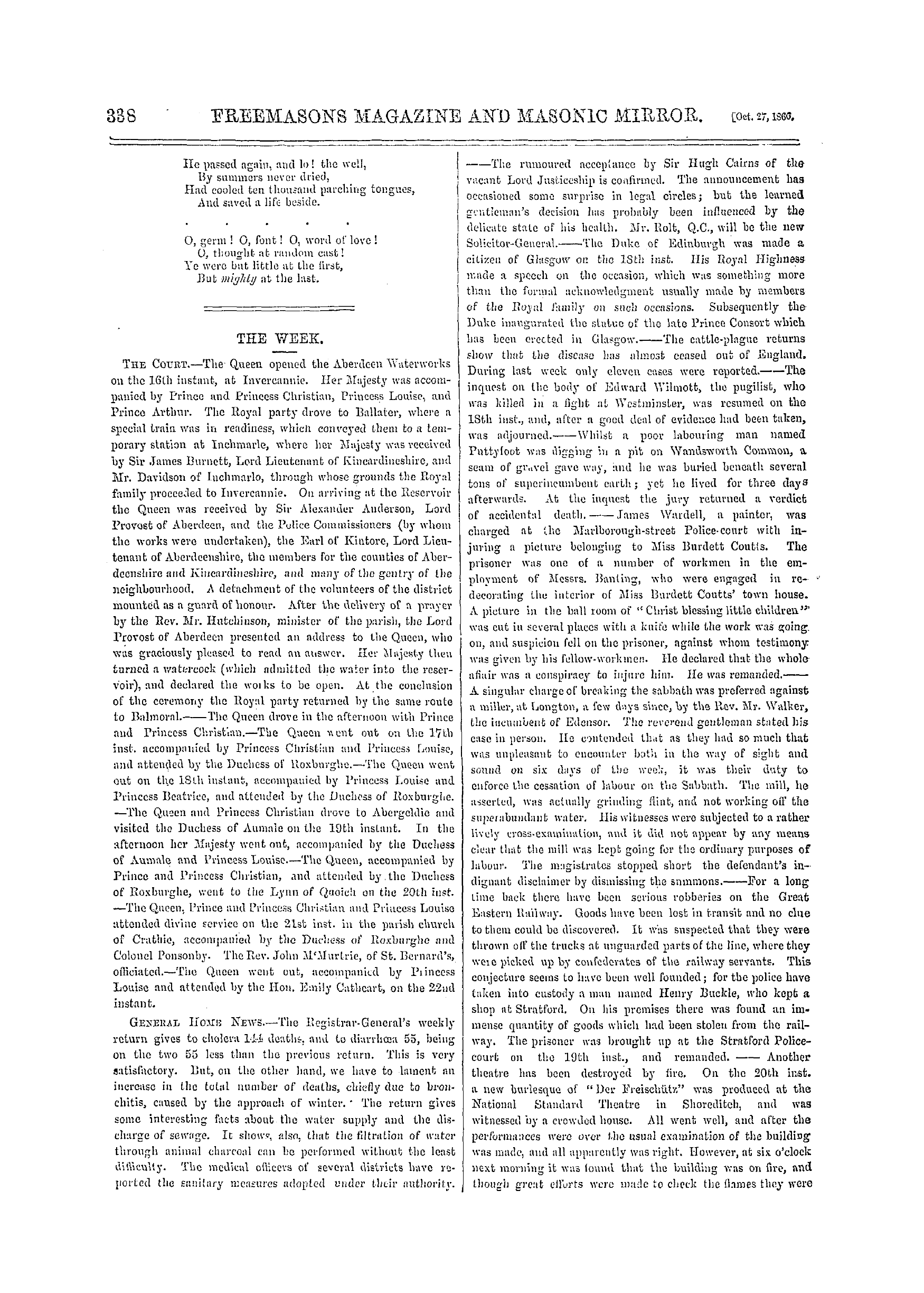 The Freemasons' Monthly Magazine: 1866-10-27 - The Week.