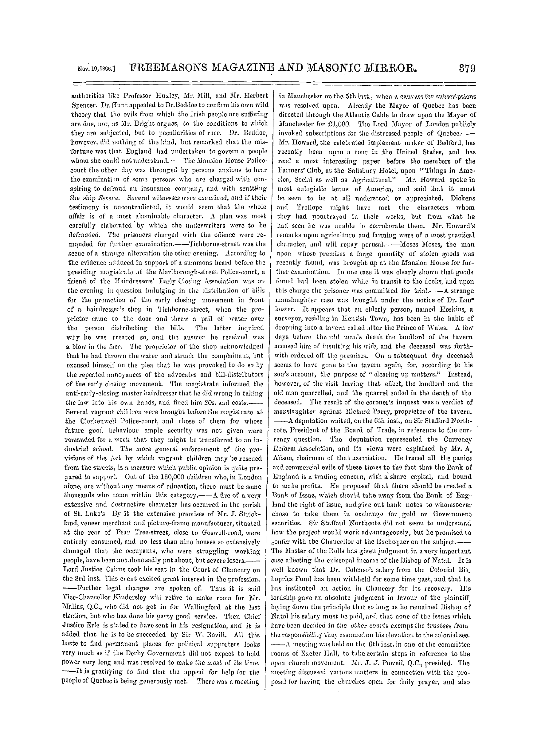 The Freemasons' Monthly Magazine: 1866-11-10 - The Week.