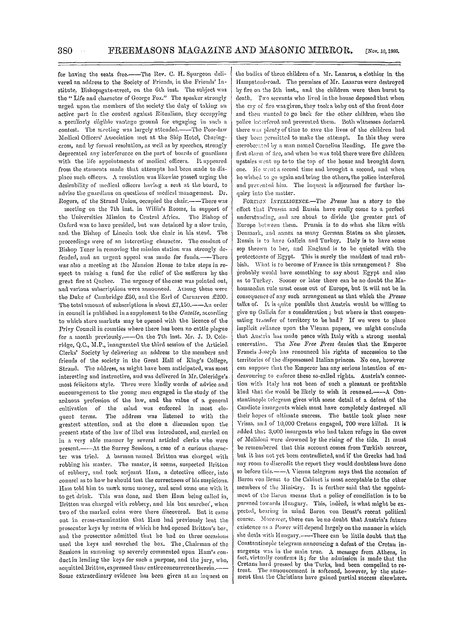 The Freemasons' Monthly Magazine: 1866-11-10 - The Week.