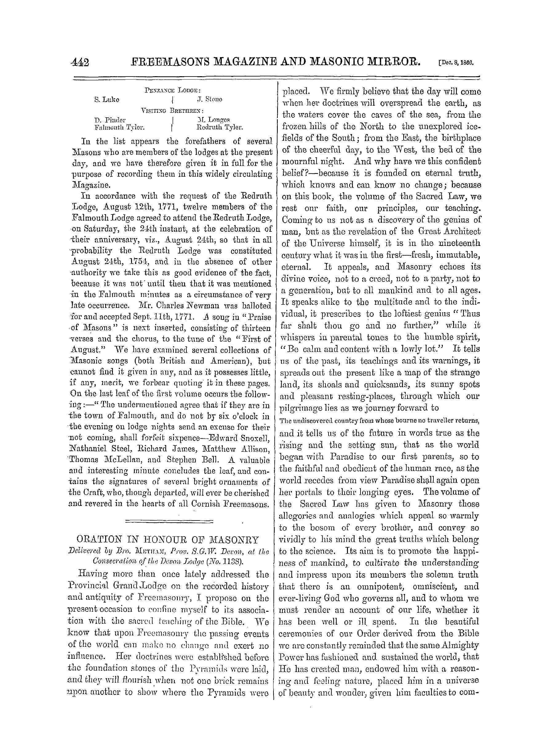 The Freemasons' Monthly Magazine: 1866-12-08 - Oration In Honour Of Masonry