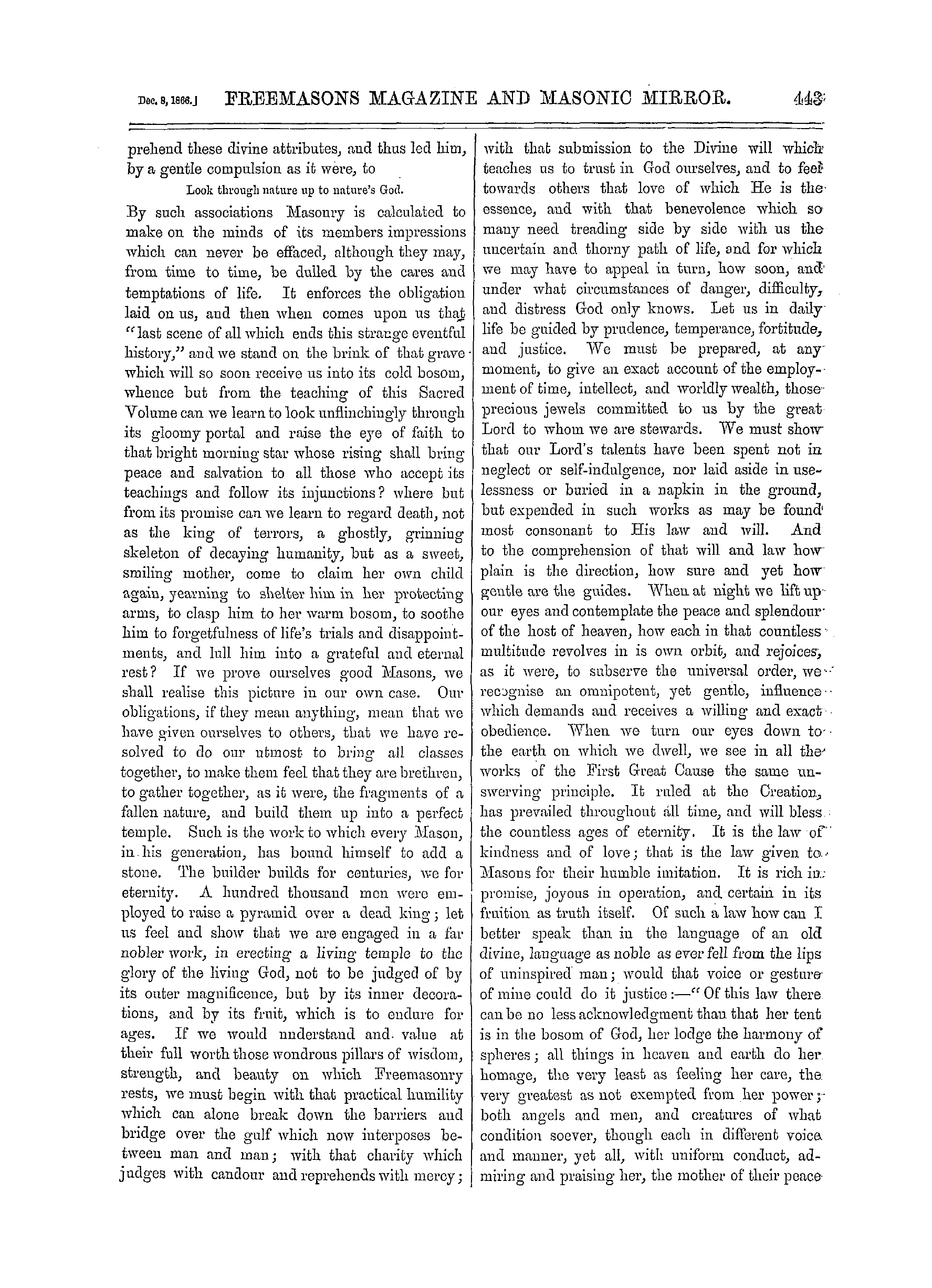 The Freemasons' Monthly Magazine: 1866-12-08 - Oration In Honour Of Masonry