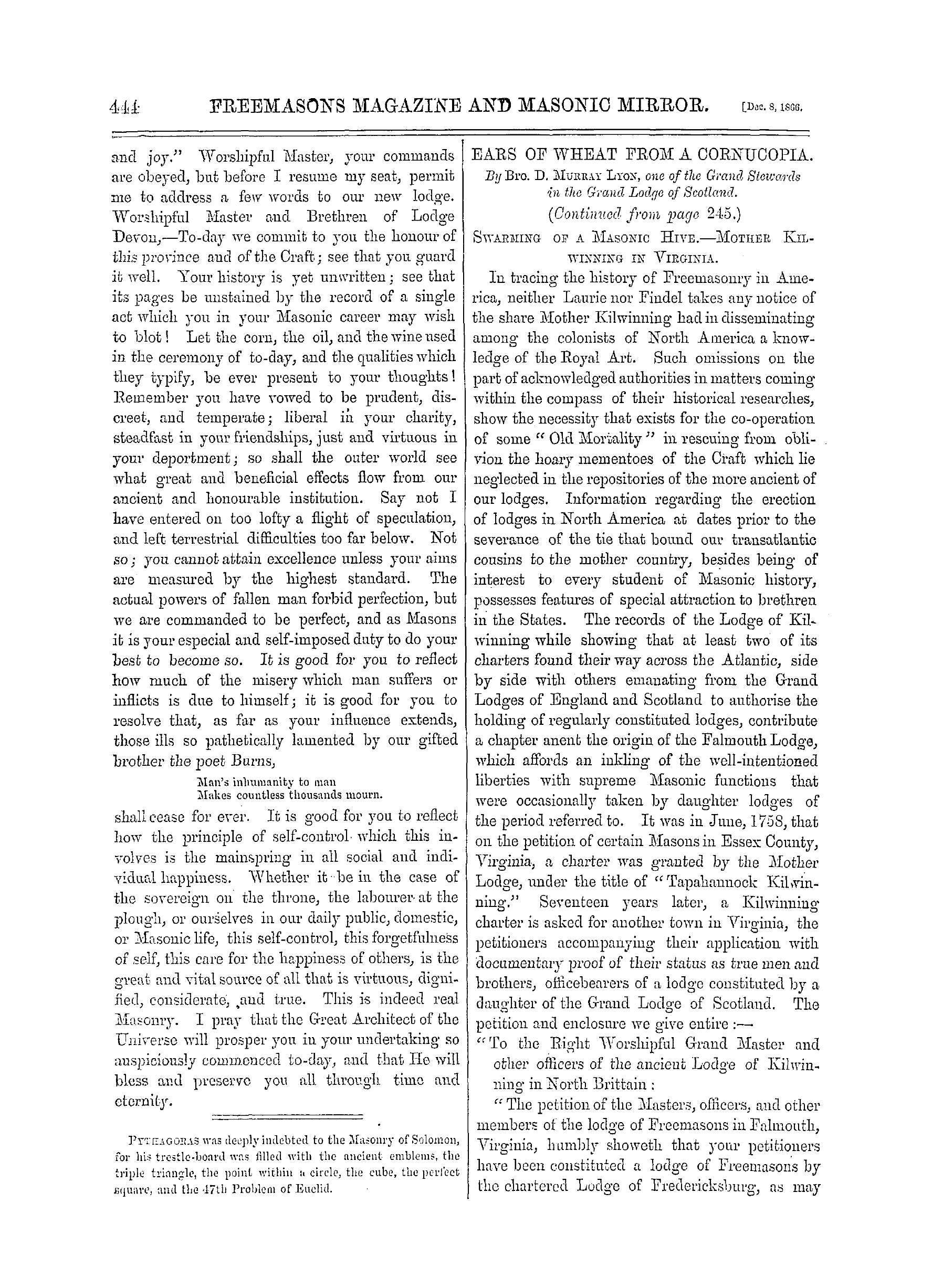 The Freemasons' Monthly Magazine: 1866-12-08 - Oration In Honour Of Masonry