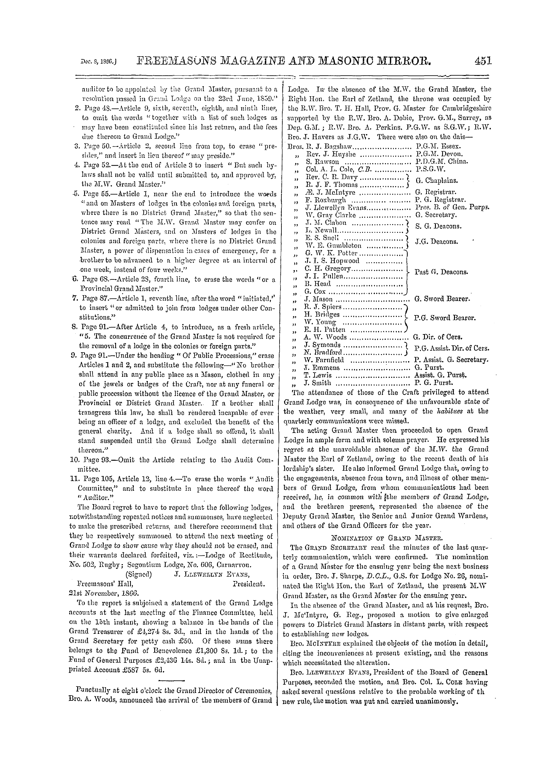 The Freemasons' Monthly Magazine: 1866-12-08 - Grand Lodge.