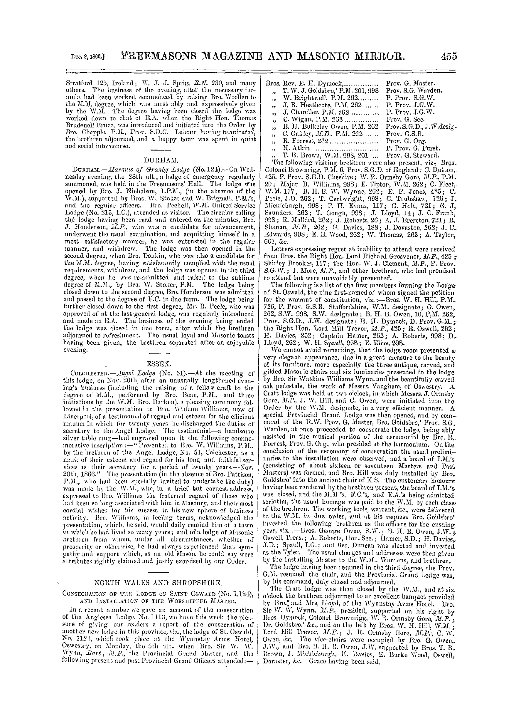 The Freemasons' Monthly Magazine: 1866-12-08 - Provincial.