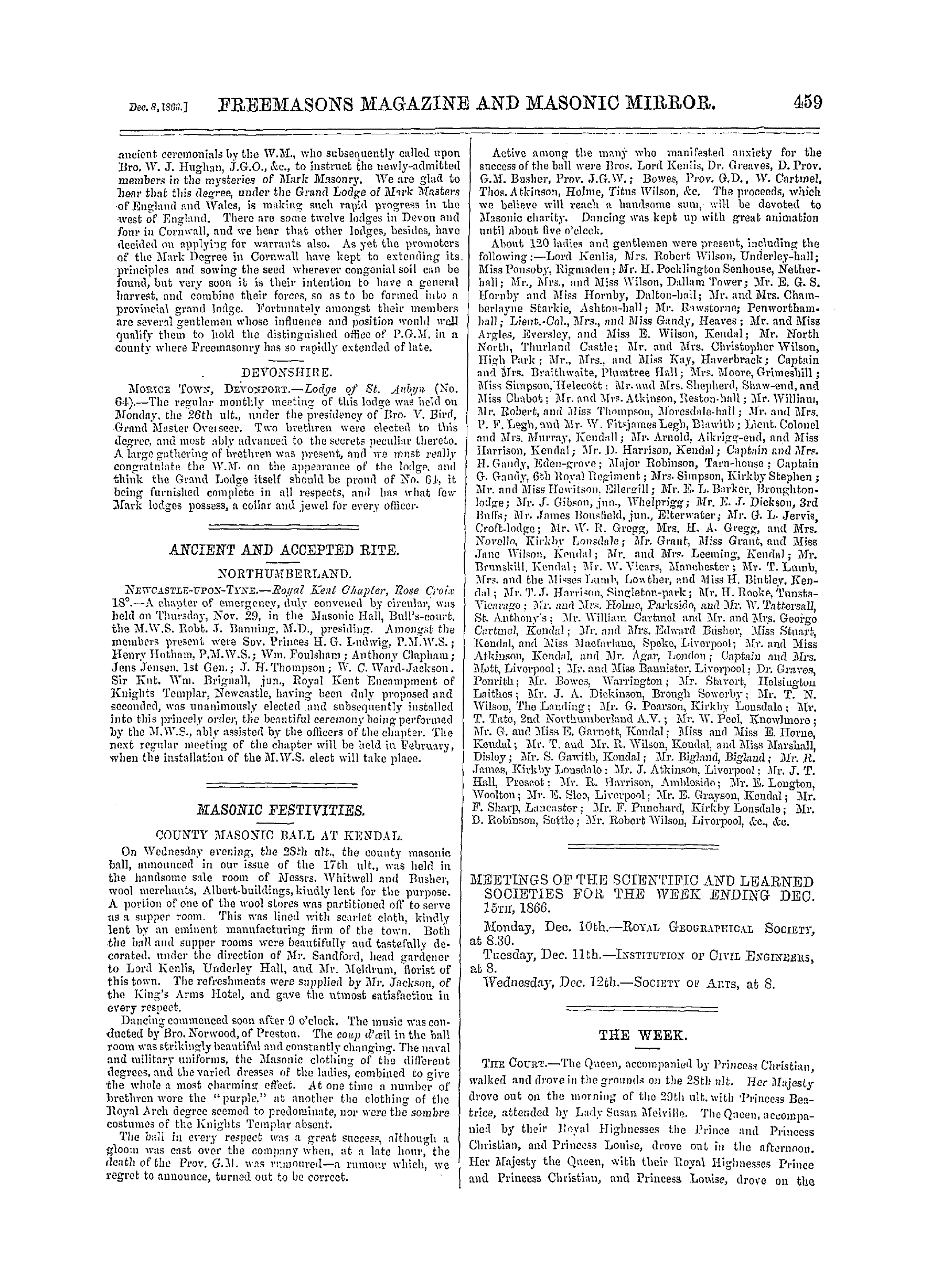 The Freemasons' Monthly Magazine: 1866-12-08 - Meetings Of The Scientific And Learned Societies For The Week Ending Dec. 15th, 1866.