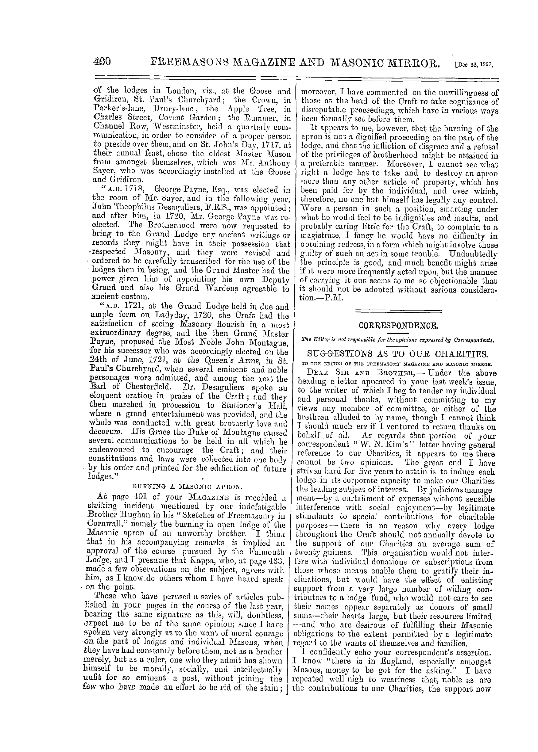 The Freemasons' Monthly Magazine: 1866-12-22 - Correspondence.