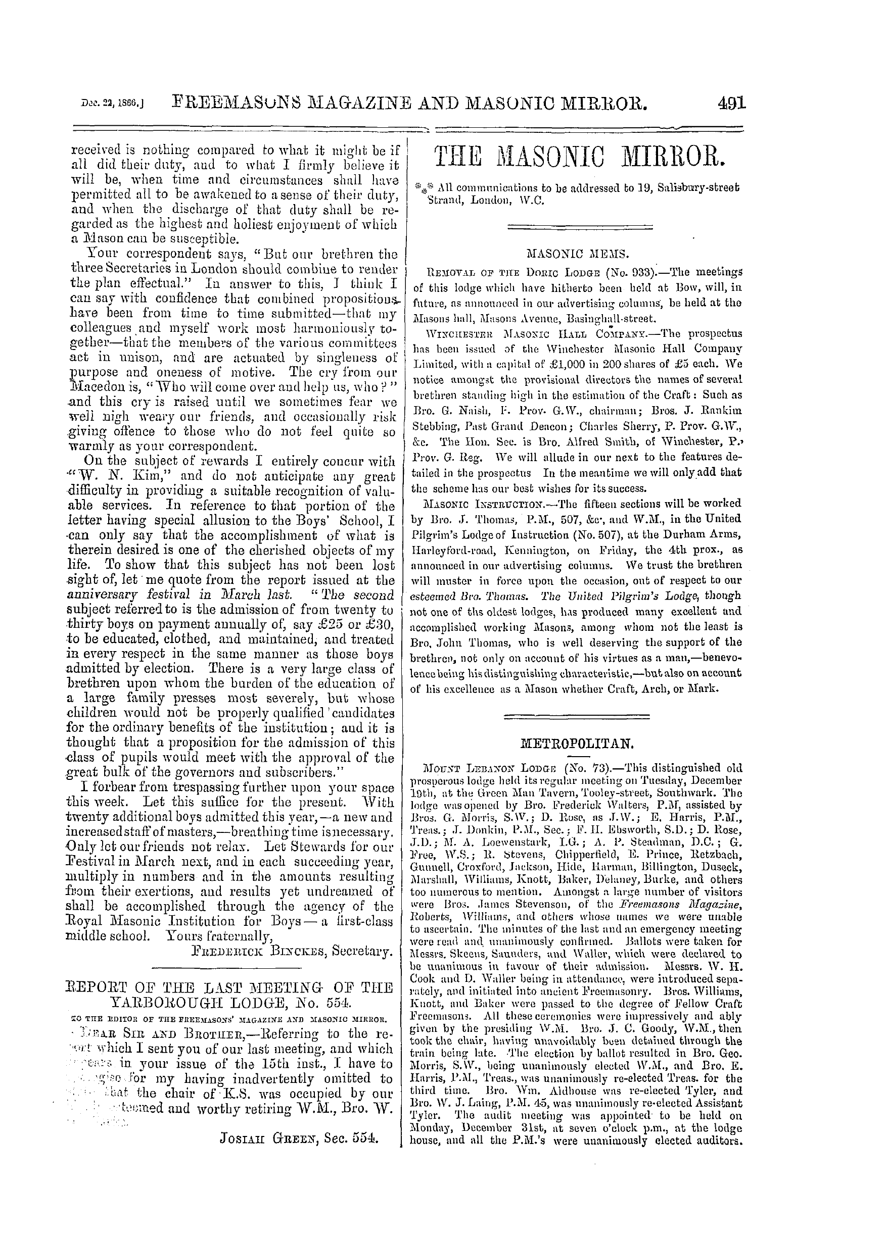 The Freemasons' Monthly Magazine: 1866-12-22 - Correspondence.