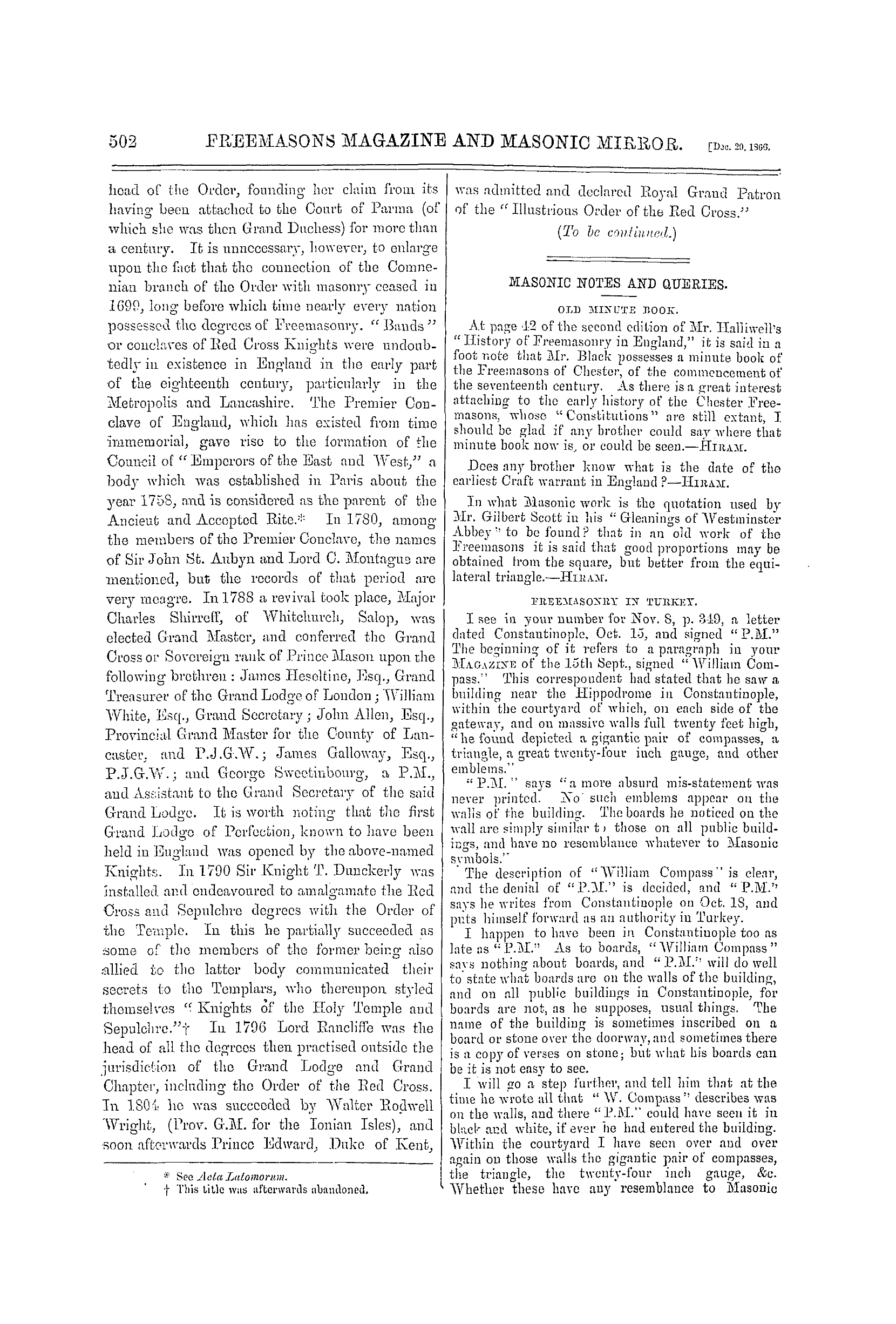 The Freemasons' Monthly Magazine: 1866-12-29 - A Sketch Of The Philosophy, Traditions, And Records Of The Masonic Order Of The Red * Or Knights Of Constantine, At Present Under The Command Of Lord Kenlis, M. Ill. G. Sov.