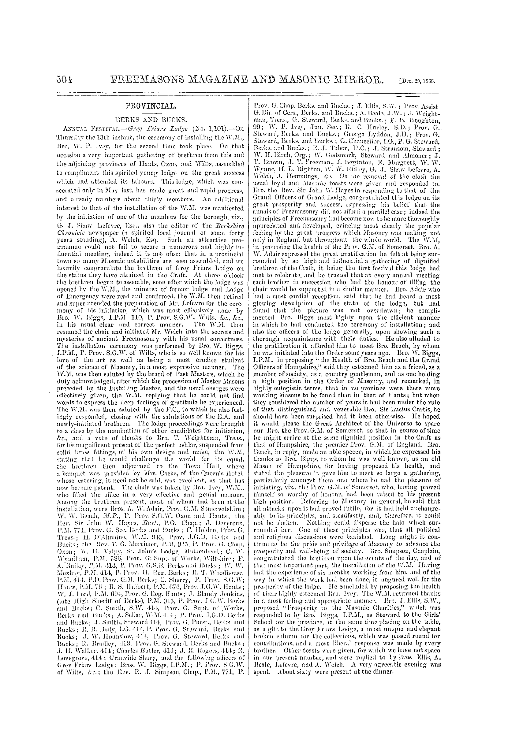 The Freemasons' Monthly Magazine: 1866-12-29 - Provincial.