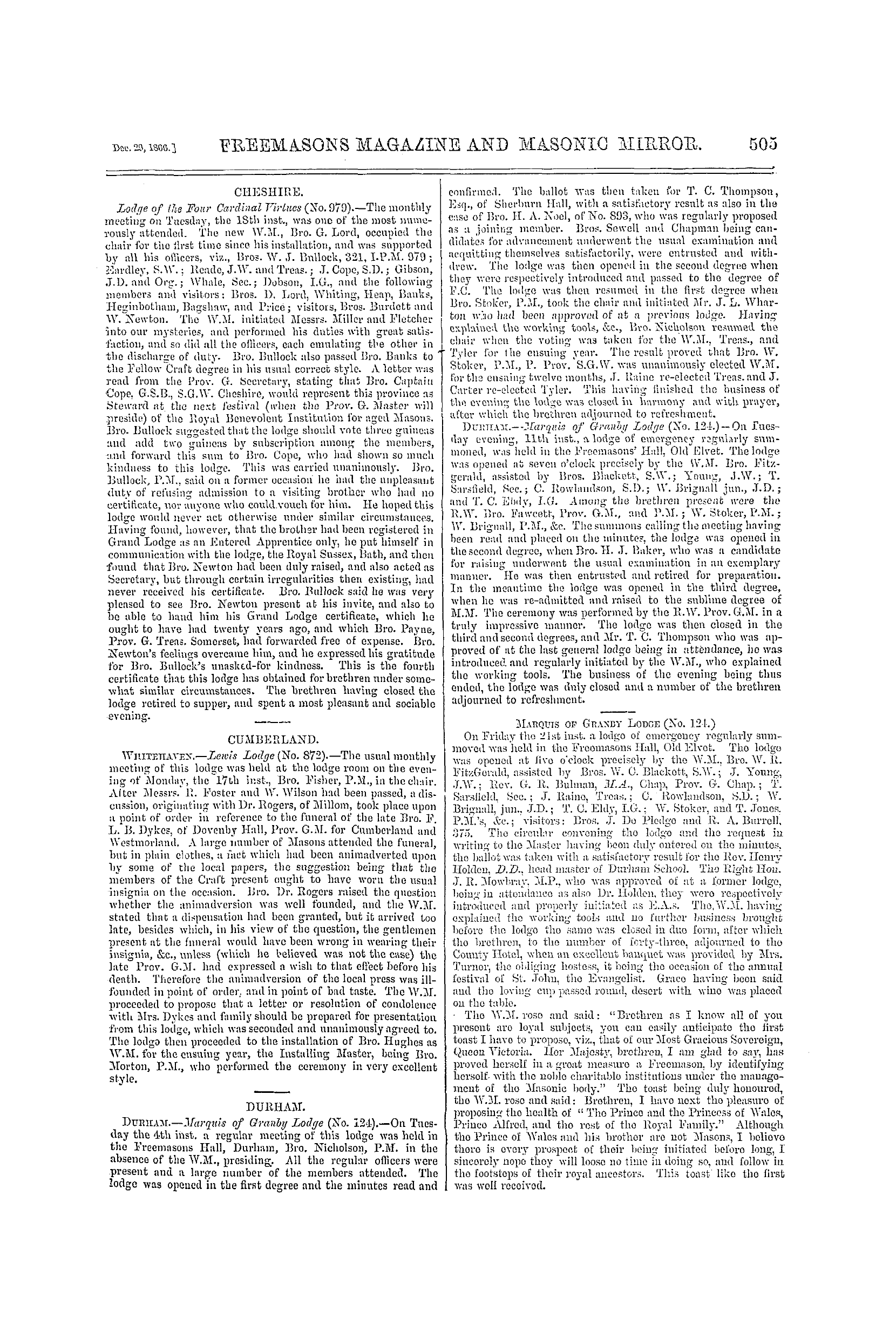 The Freemasons' Monthly Magazine: 1866-12-29 - Provincial.