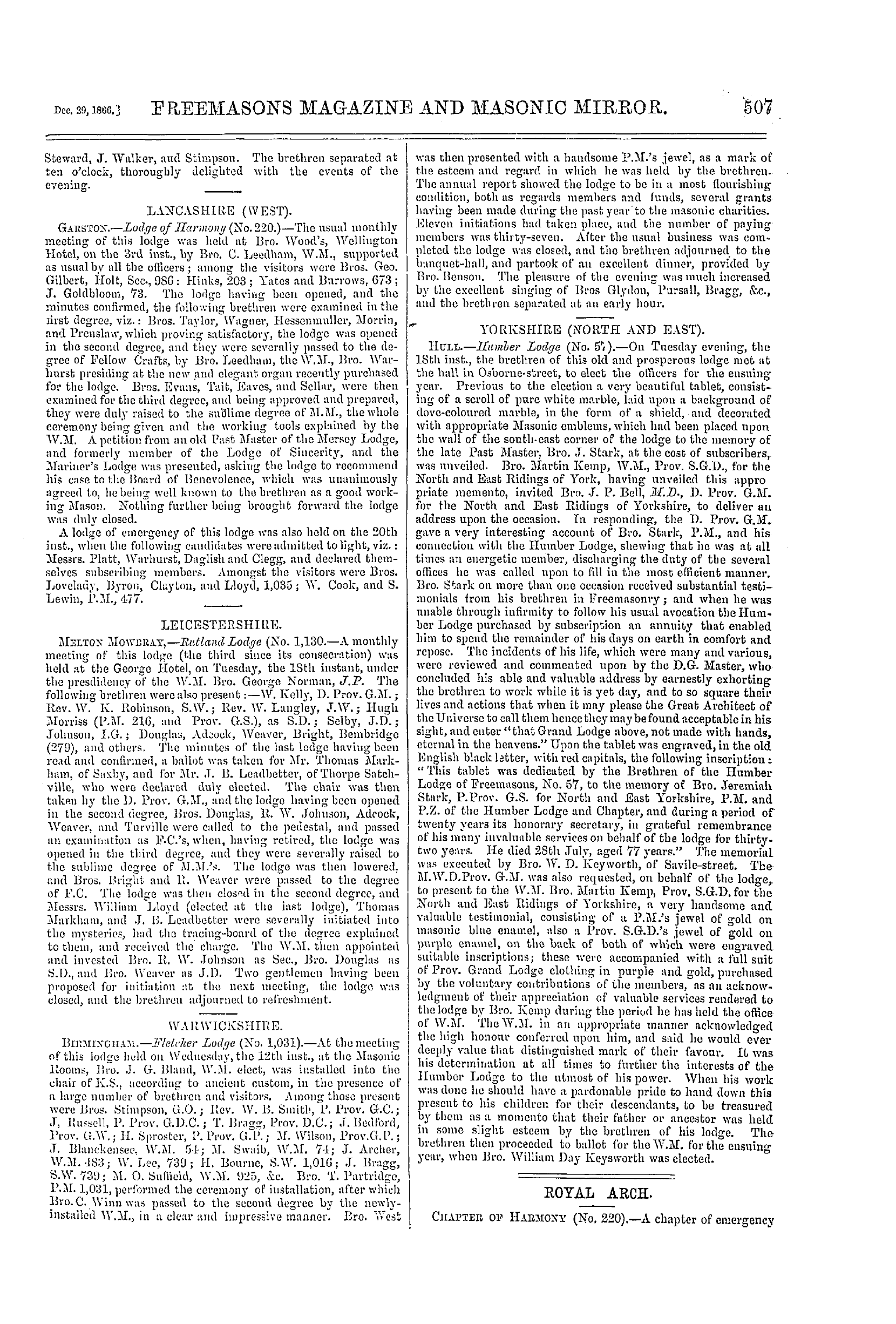 The Freemasons' Monthly Magazine: 1866-12-29 - Provincial.