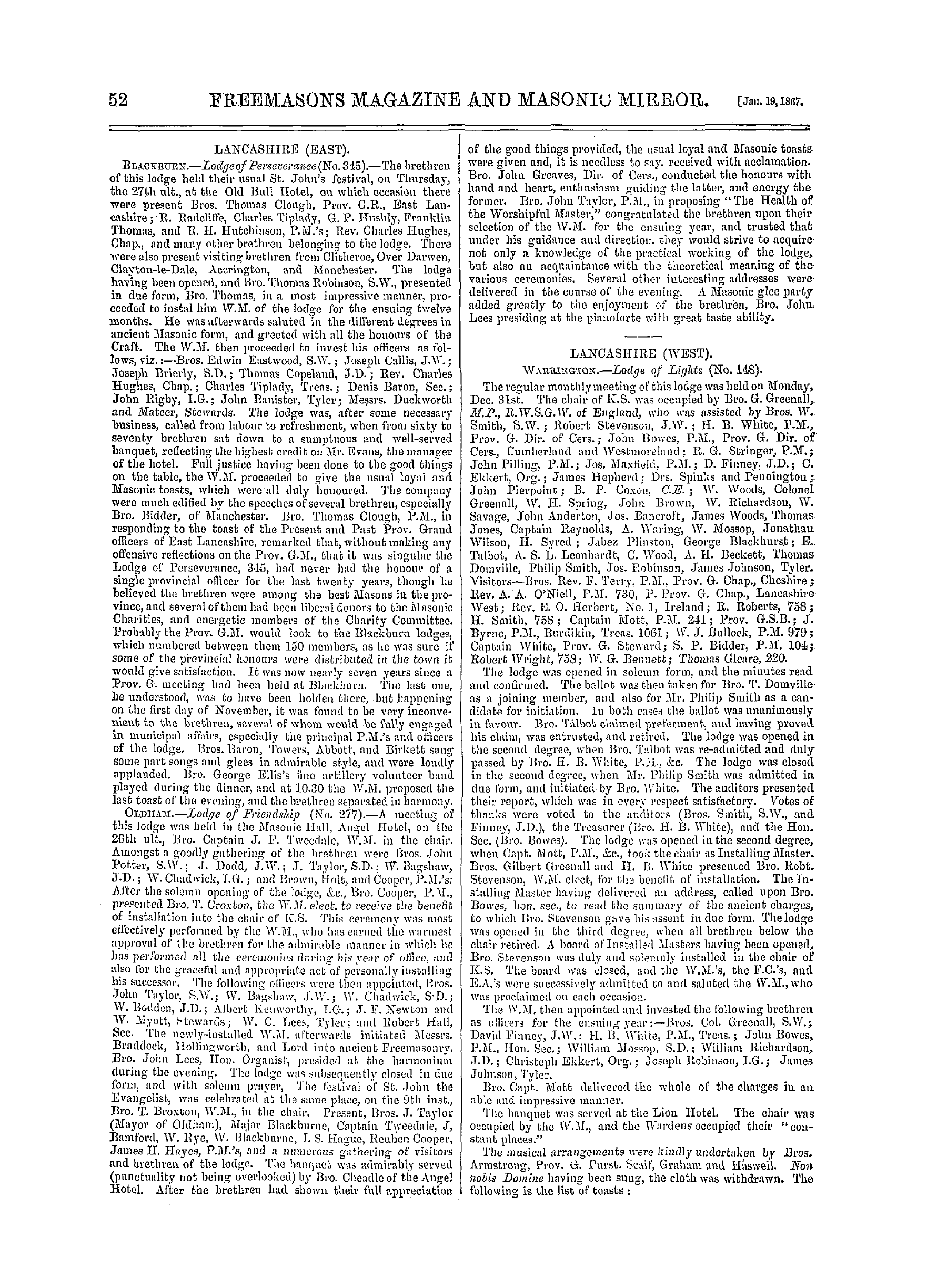 The Freemasons' Monthly Magazine: 1867-01-19 - Provincial.