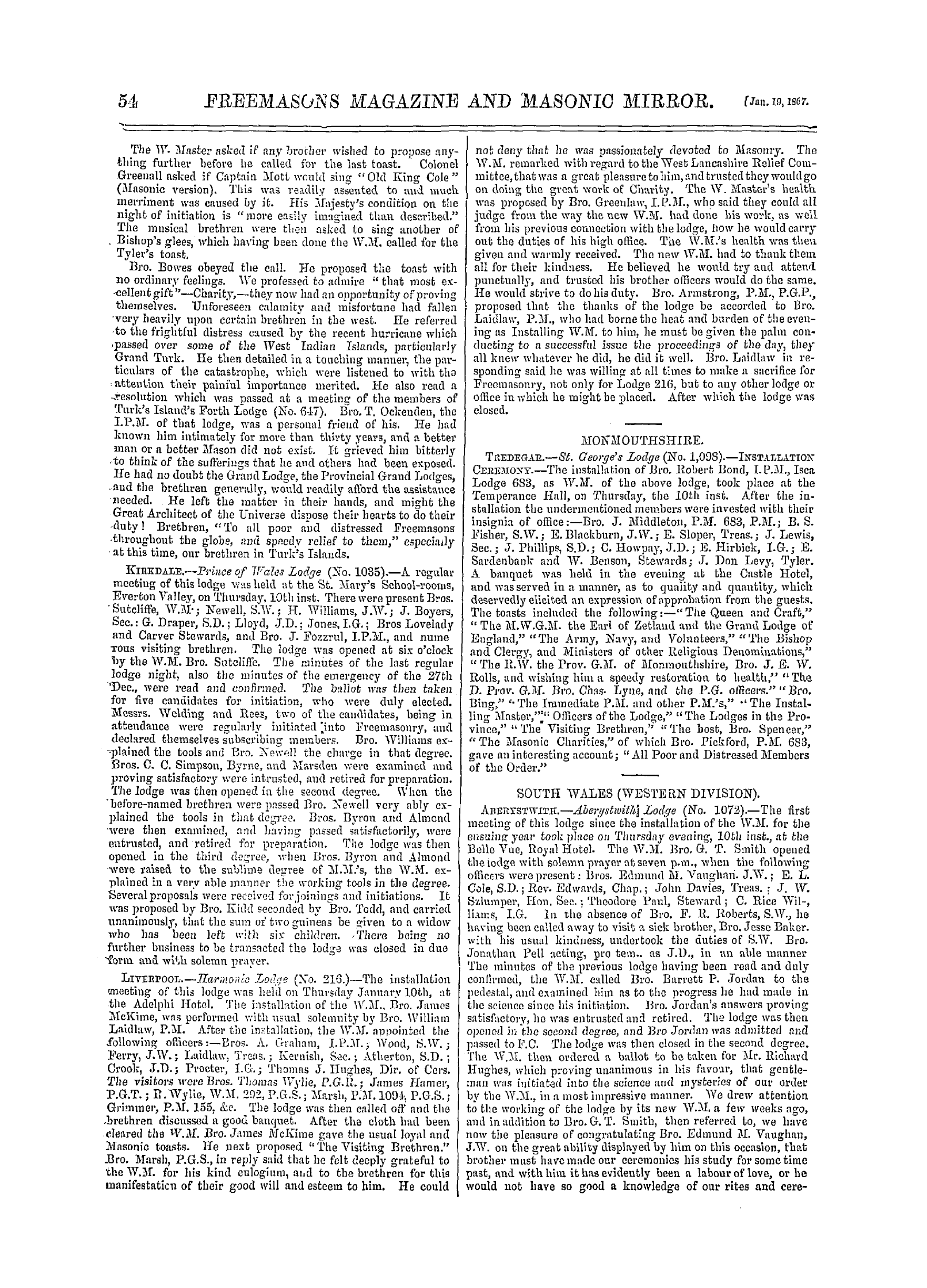 The Freemasons' Monthly Magazine: 1867-01-19 - Provincial.