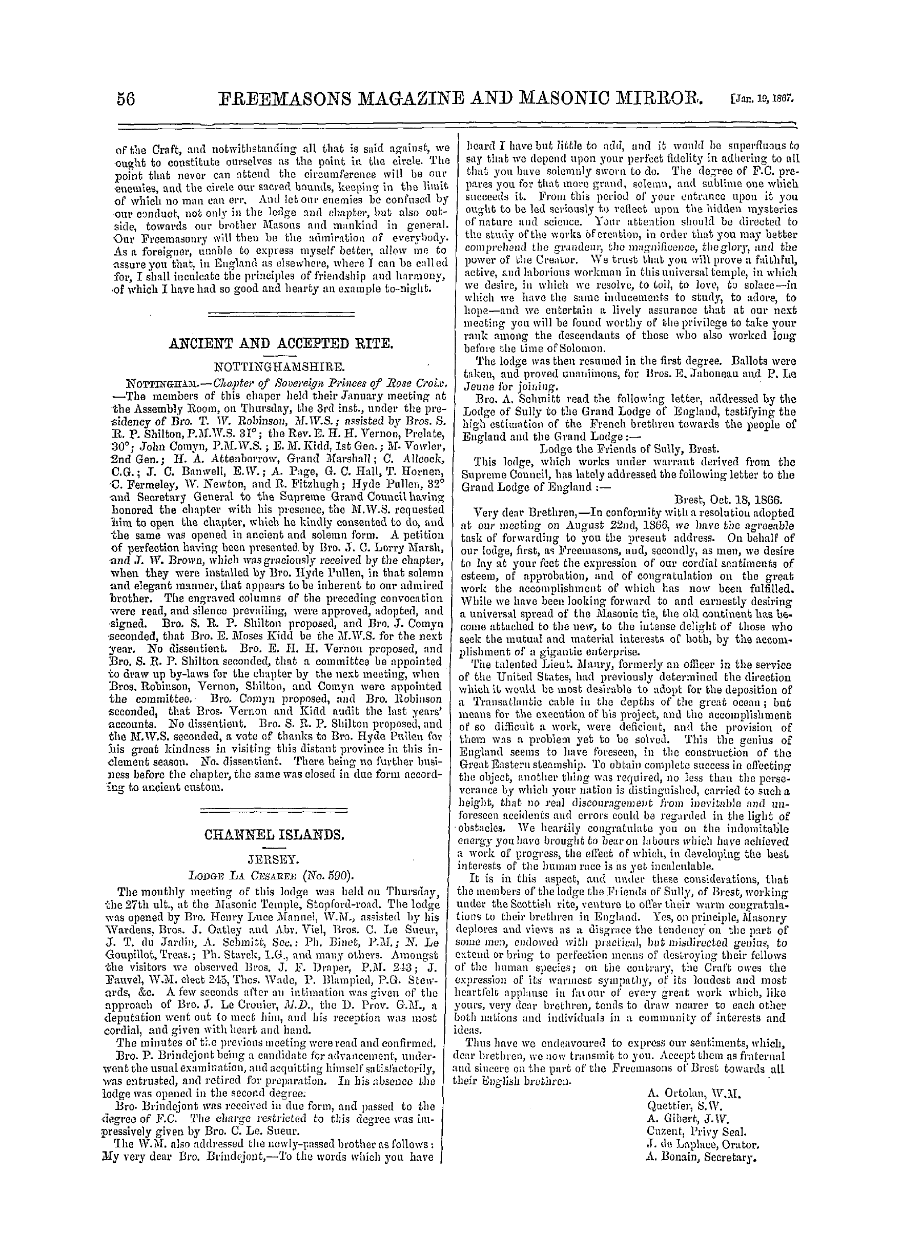 The Freemasons' Monthly Magazine: 1867-01-19 - Channel Islands.