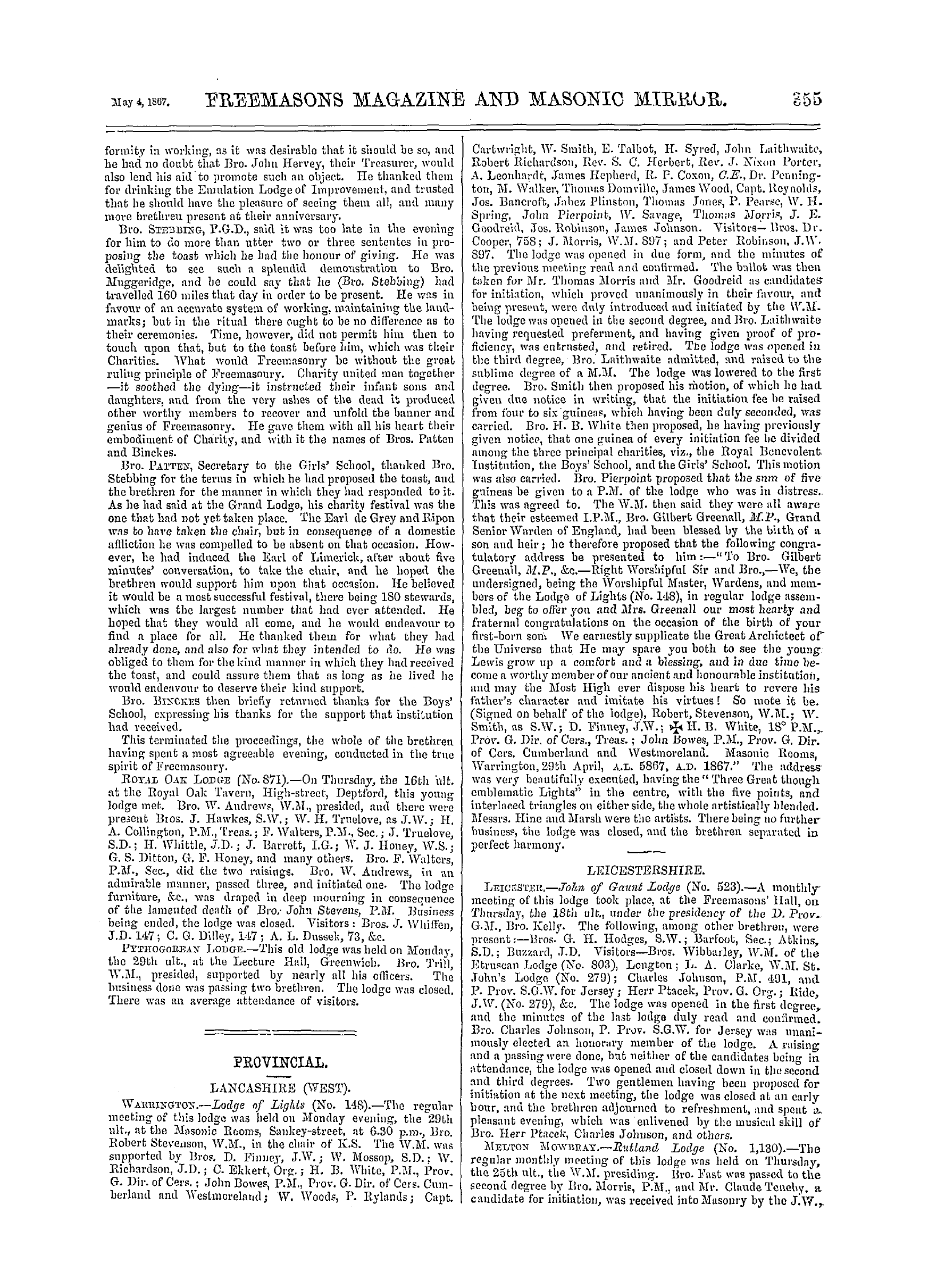 The Freemasons' Monthly Magazine: 1867-05-04 - Metropolitan.