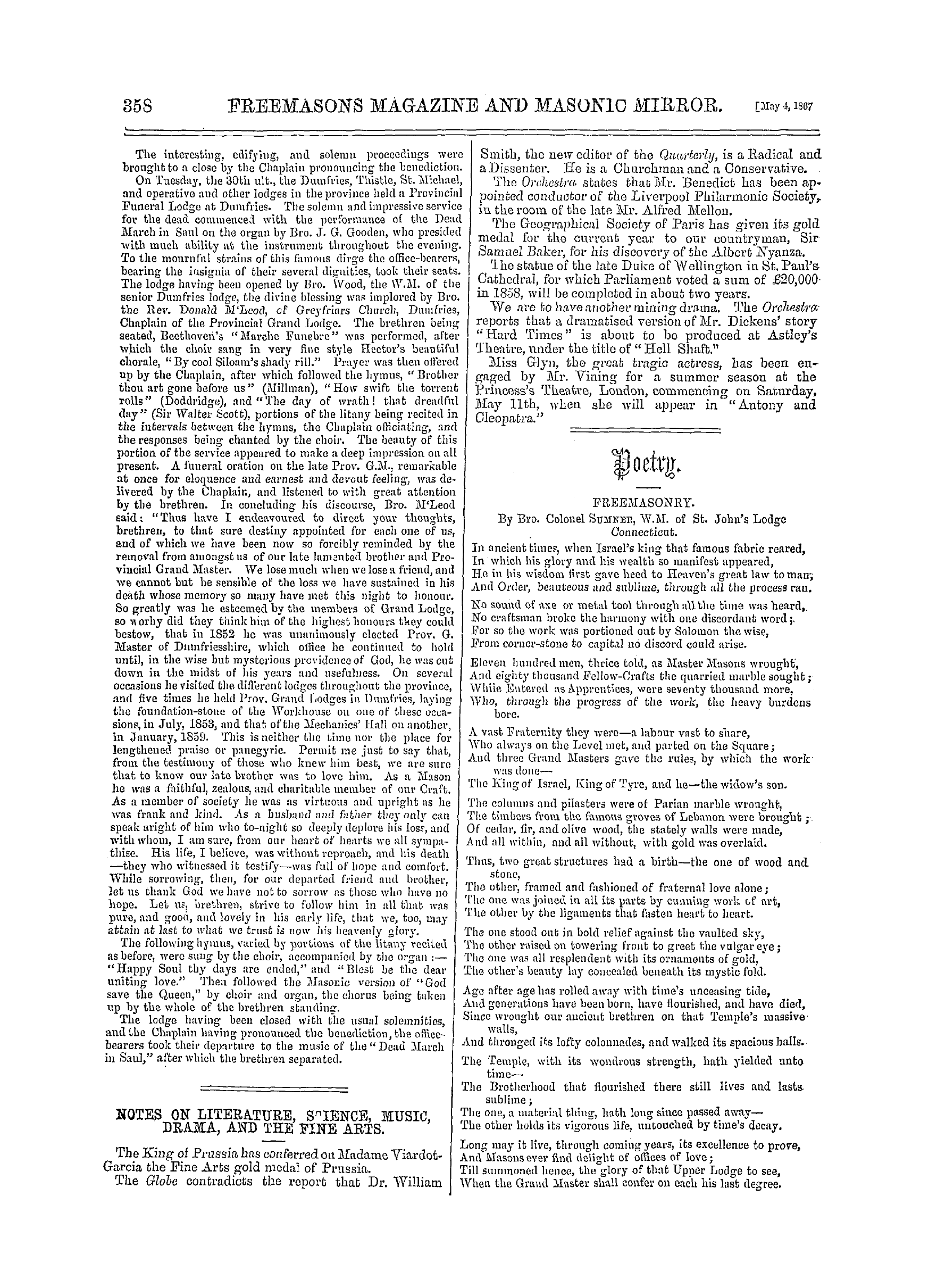 The Freemasons' Monthly Magazine: 1867-05-04 - Notes On Literature, Science, Music, Drama, And The Fine Arts.