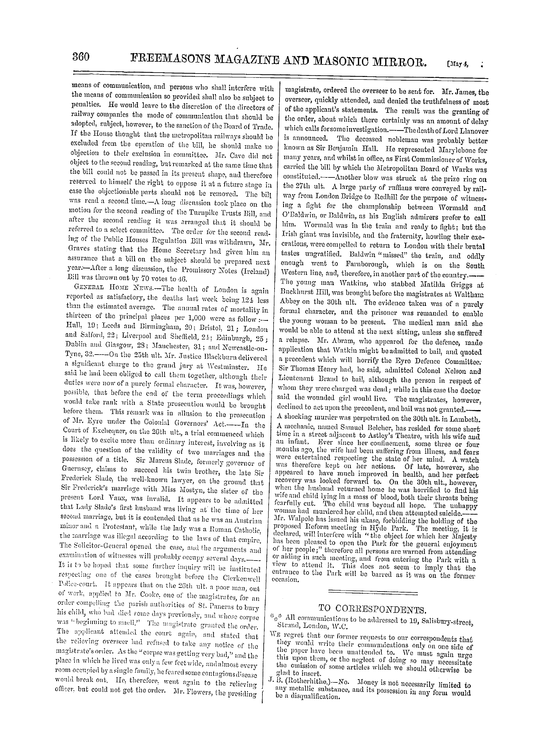 The Freemasons' Monthly Magazine: 1867-05-04 - The Week.