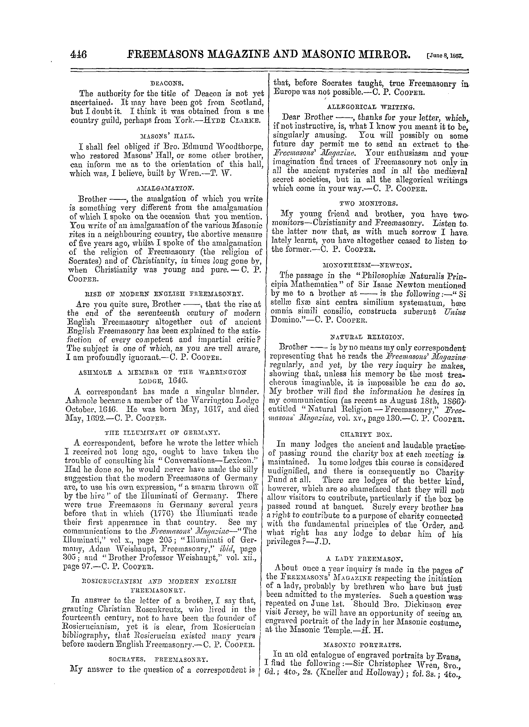 The Freemasons' Monthly Magazine: 1867-06-08 - Masonic Notes And Queries.