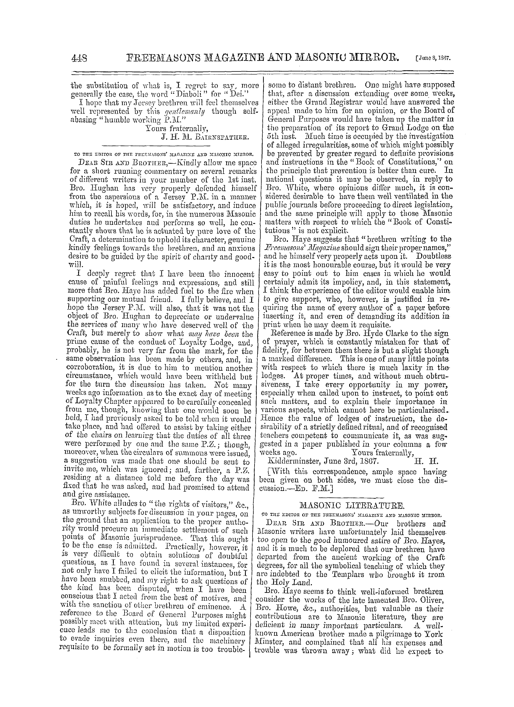 The Freemasons' Monthly Magazine: 1867-06-08 - Correspondence.