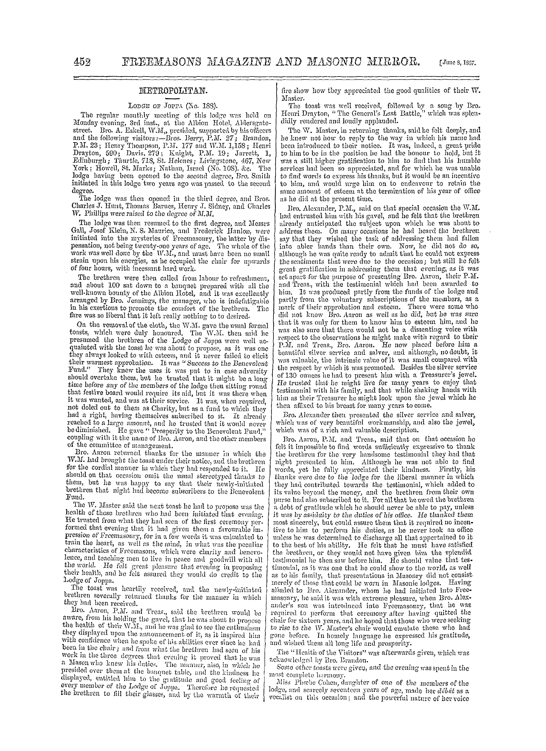 The Freemasons' Monthly Magazine: 1867-06-08 - Metropolitan.