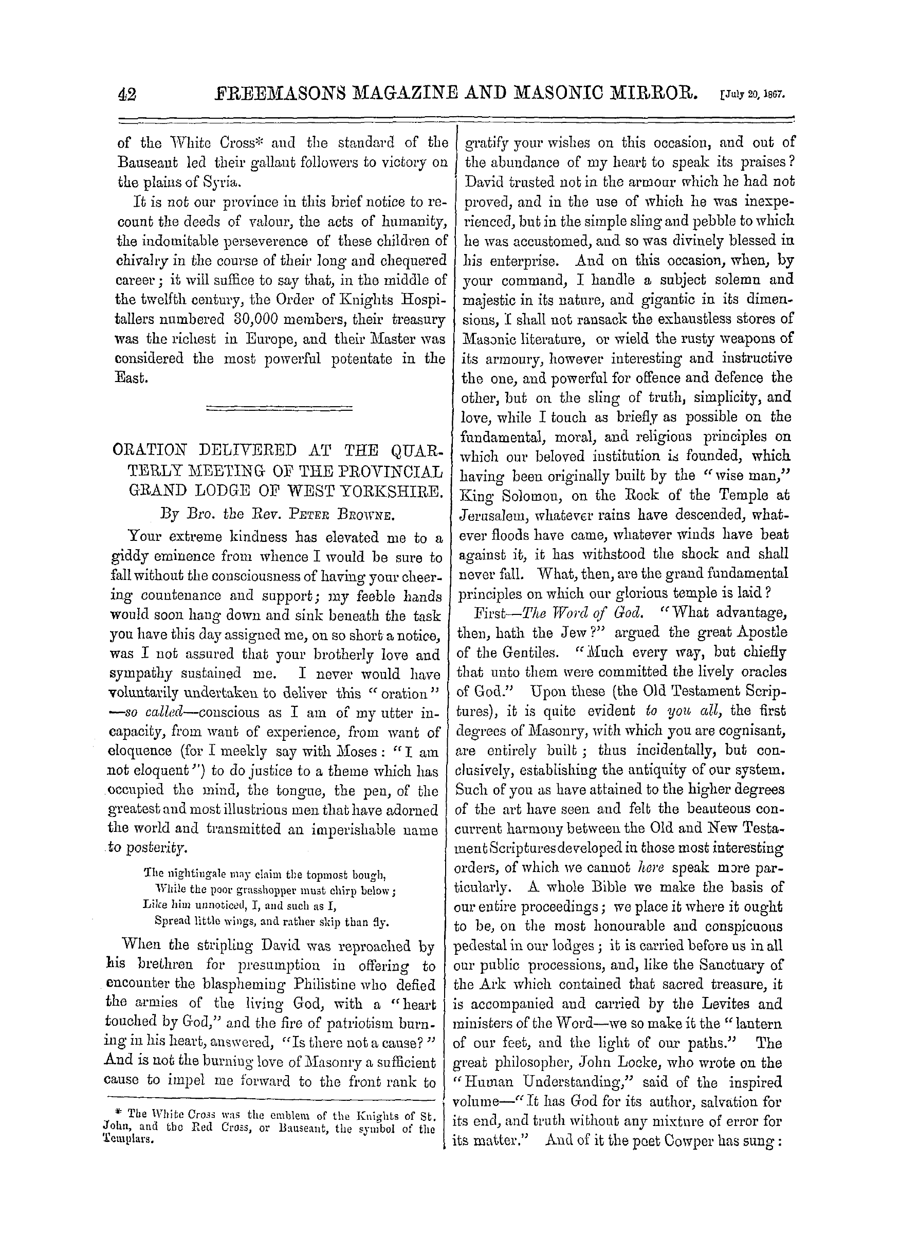 The Freemasons' Monthly Magazine: 1867-07-20 - Oration Delivered At The Quarterly Meeting Of The Provincial Grand Lodge Of West Yorkshire.