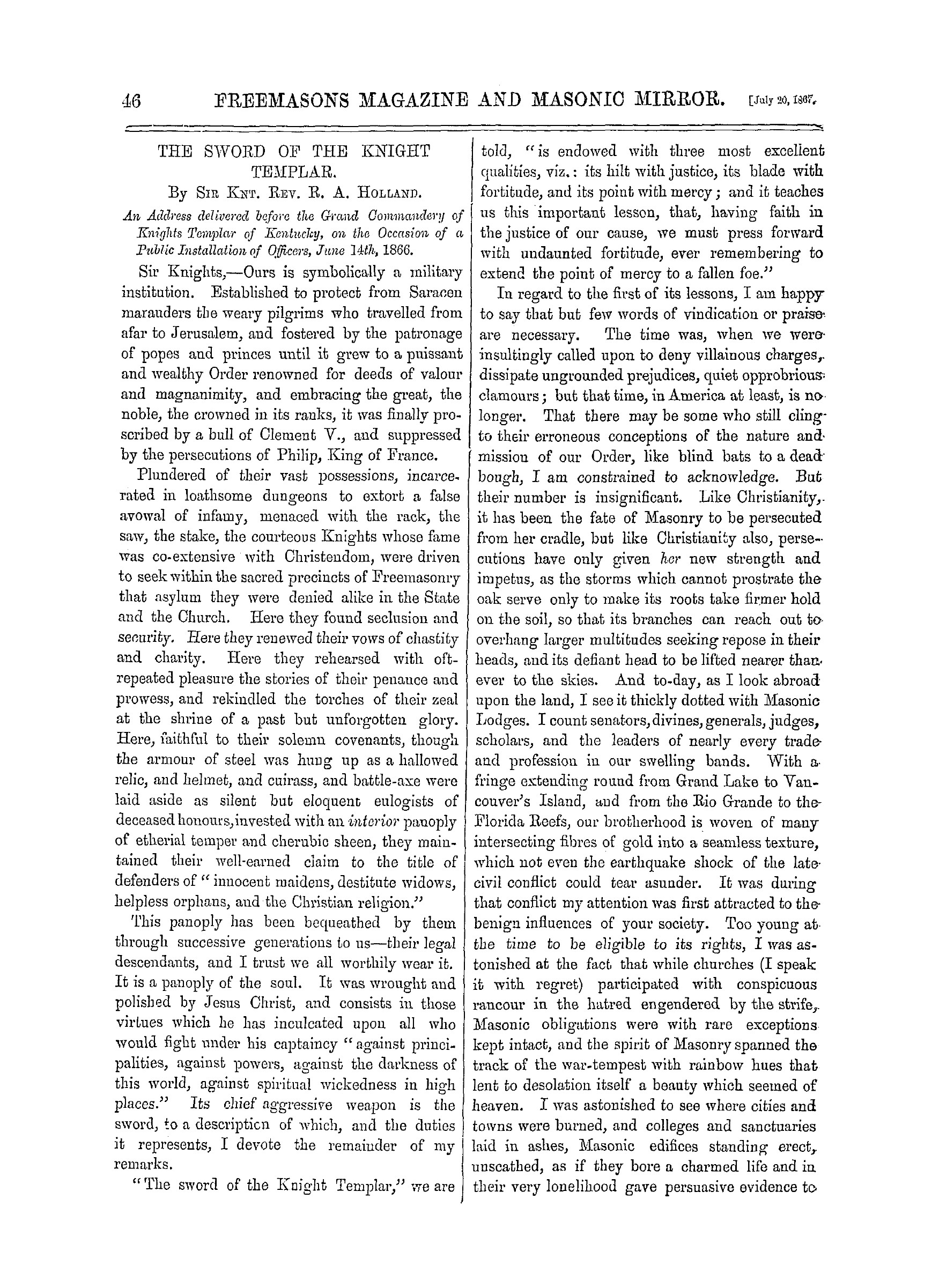 The Freemasons' Monthly Magazine: 1867-07-20 - The Sword Of The Knight Templar.