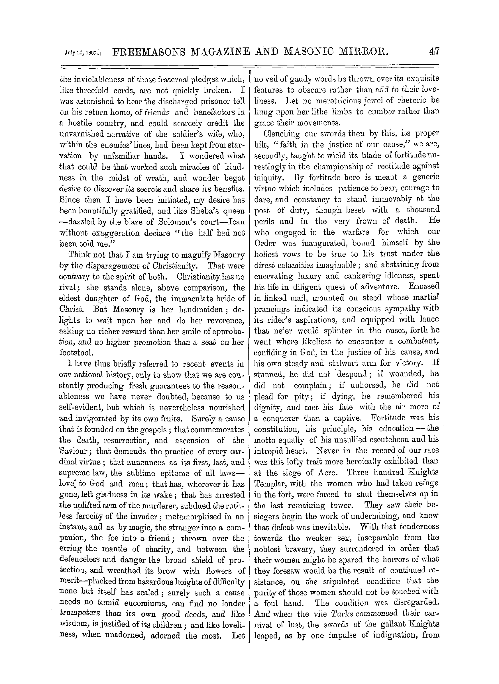 The Freemasons' Monthly Magazine: 1867-07-20 - The Sword Of The Knight Templar.