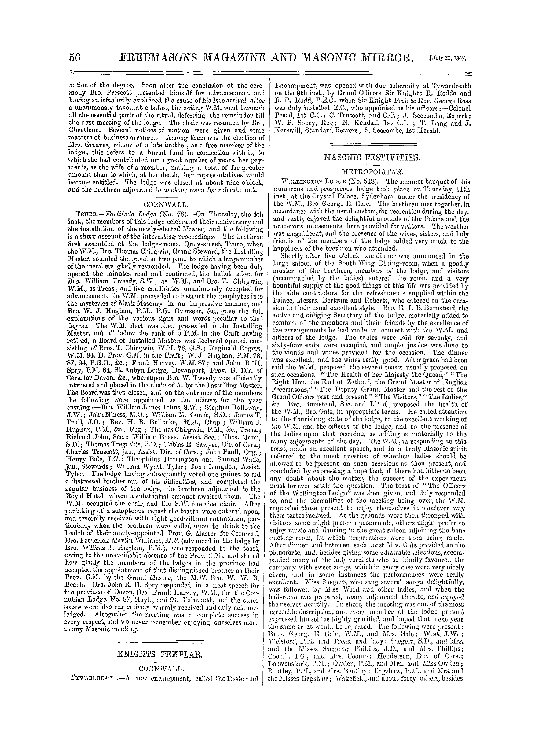 The Freemasons' Monthly Magazine: 1867-07-20 - Masonic Festivities.