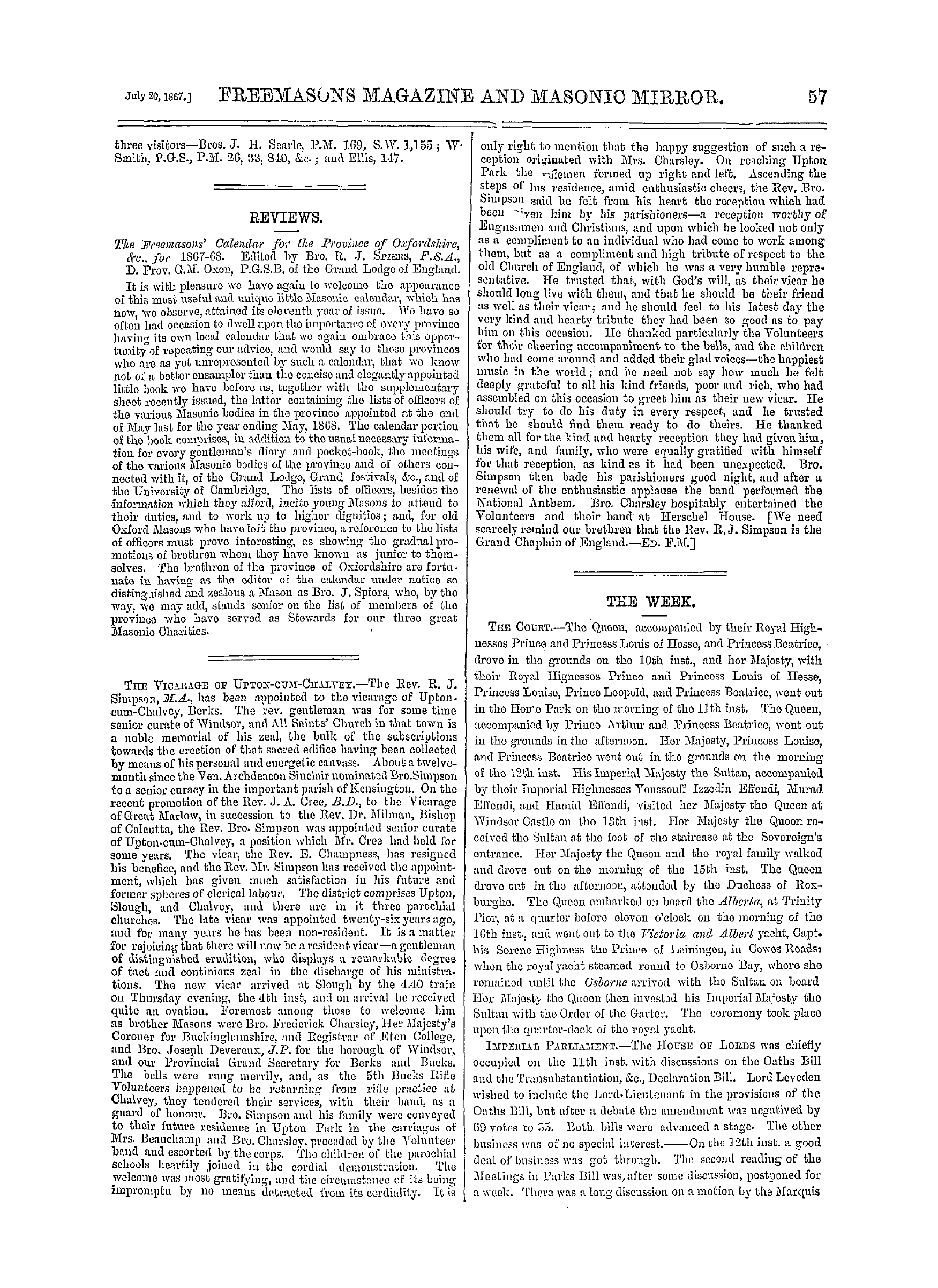 The Freemasons' Monthly Magazine: 1867-07-20 - Masonic Festivities.