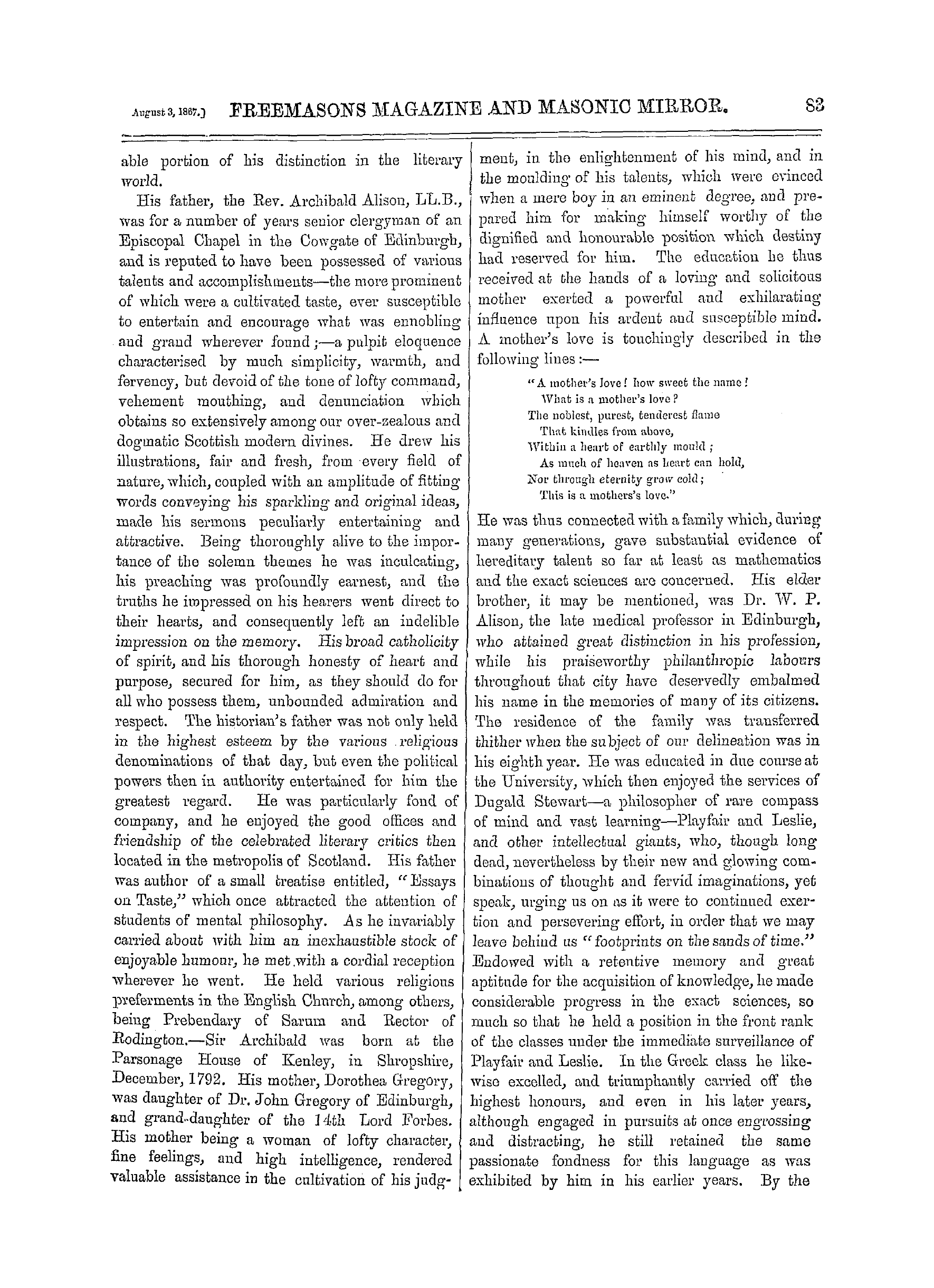 The Freemasons' Monthly Magazine: 1867-08-03 - Biographical Sketch Of The Late Sir Archibald Alison, Bart., &C,