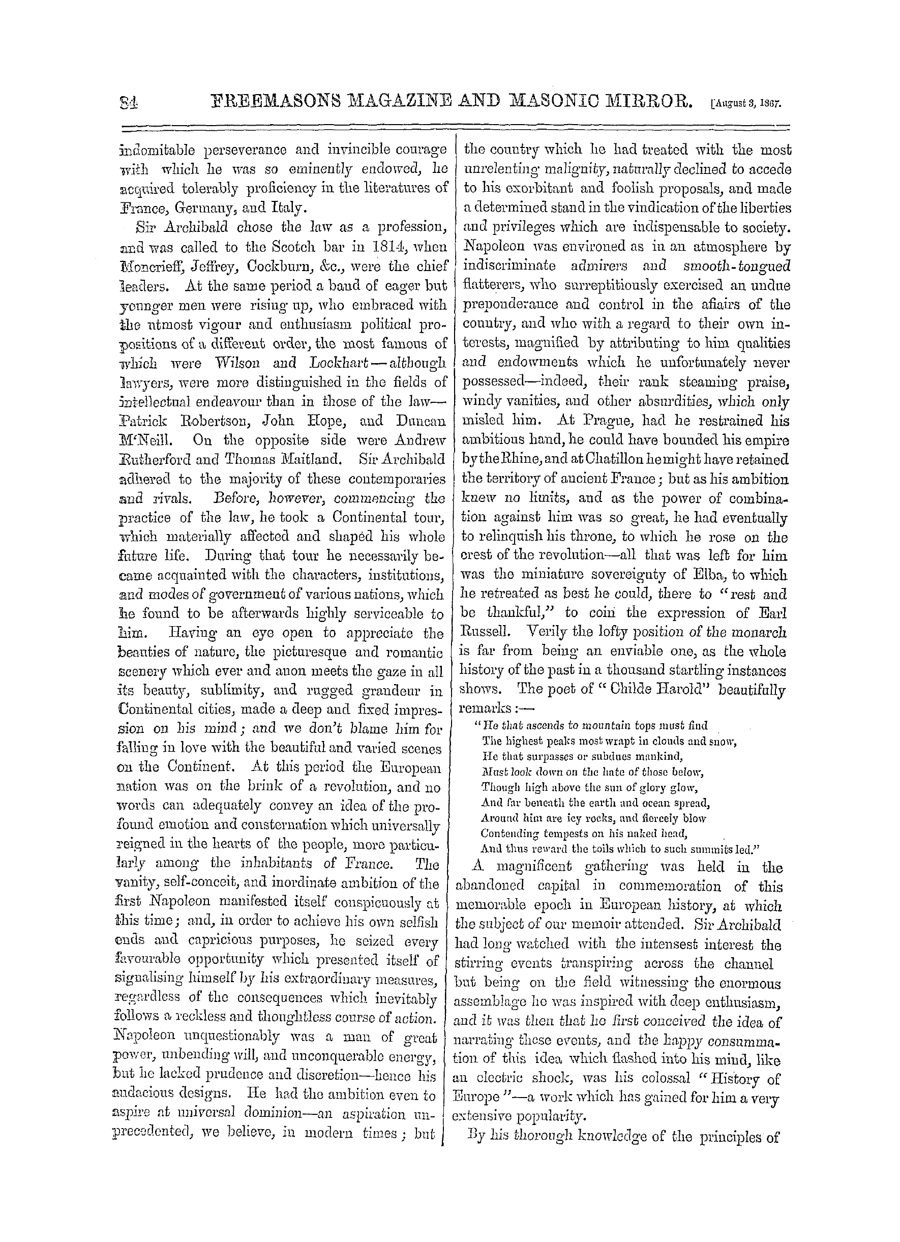 The Freemasons' Monthly Magazine: 1867-08-03 - Biographical Sketch Of The Late Sir Archibald Alison, Bart., &C,