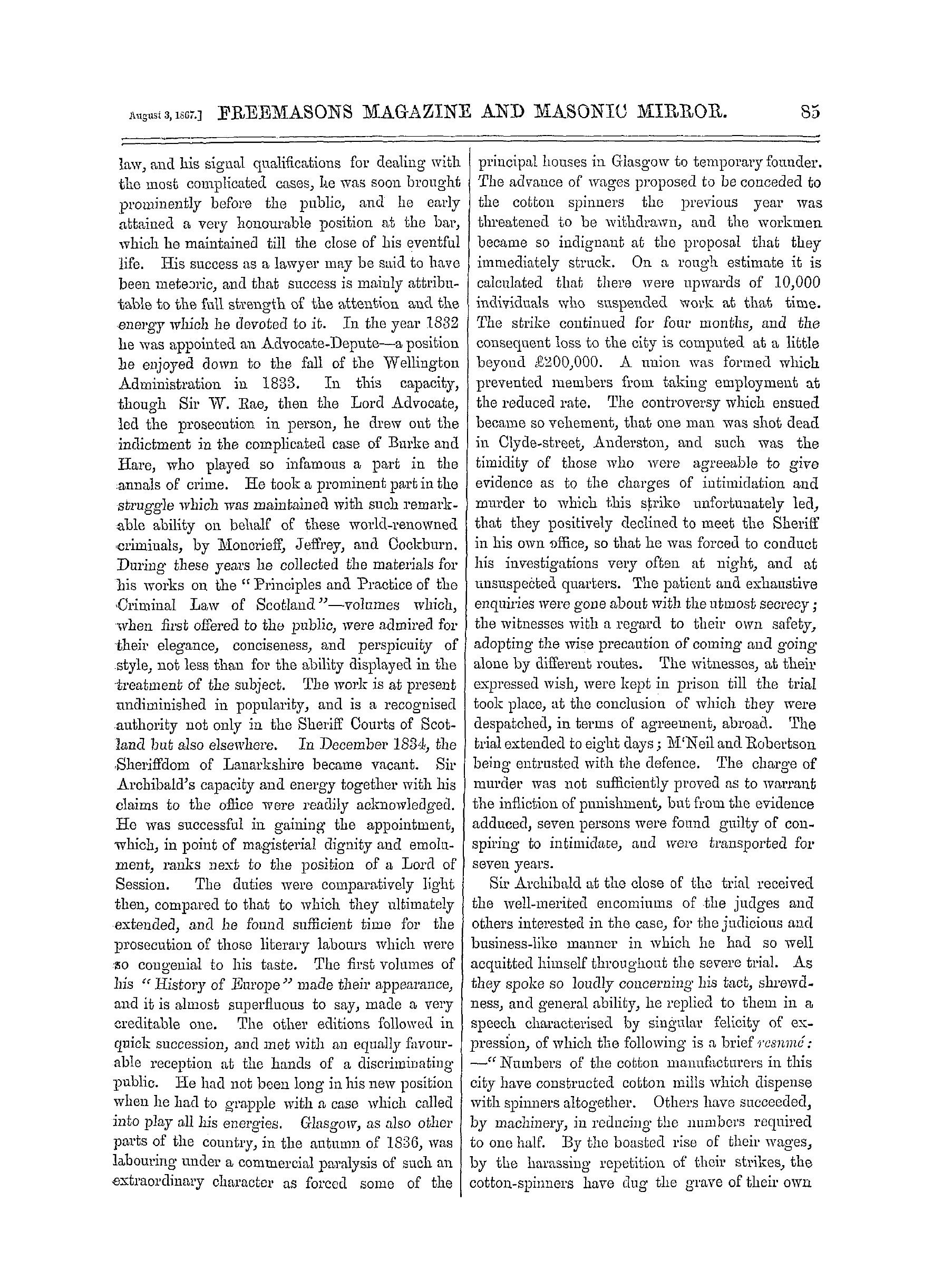 The Freemasons' Monthly Magazine: 1867-08-03 - Biographical Sketch Of The Late Sir Archibald Alison, Bart., &C,