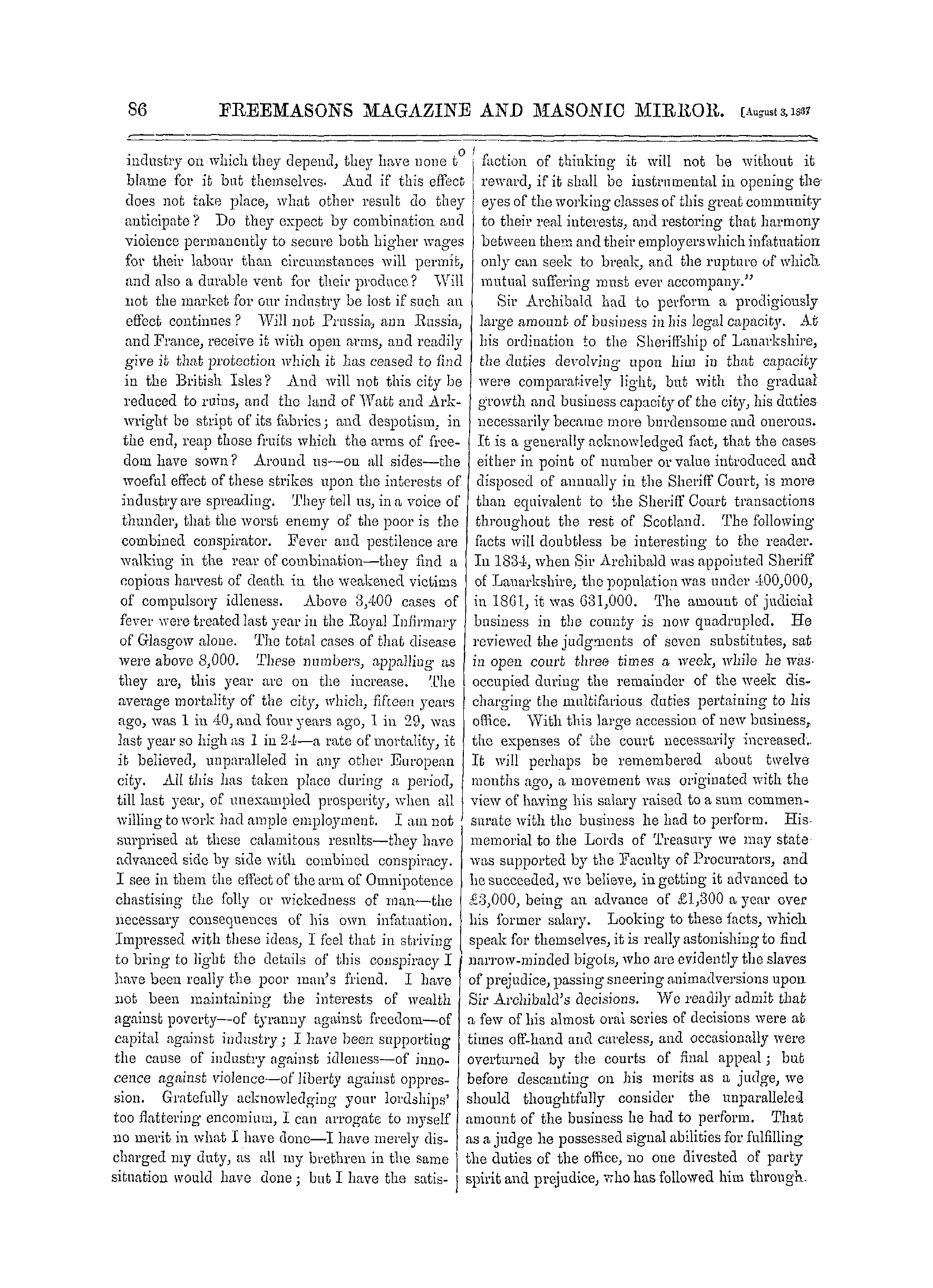 The Freemasons' Monthly Magazine: 1867-08-03 - Biographical Sketch Of The Late Sir Archibald Alison, Bart., &C,