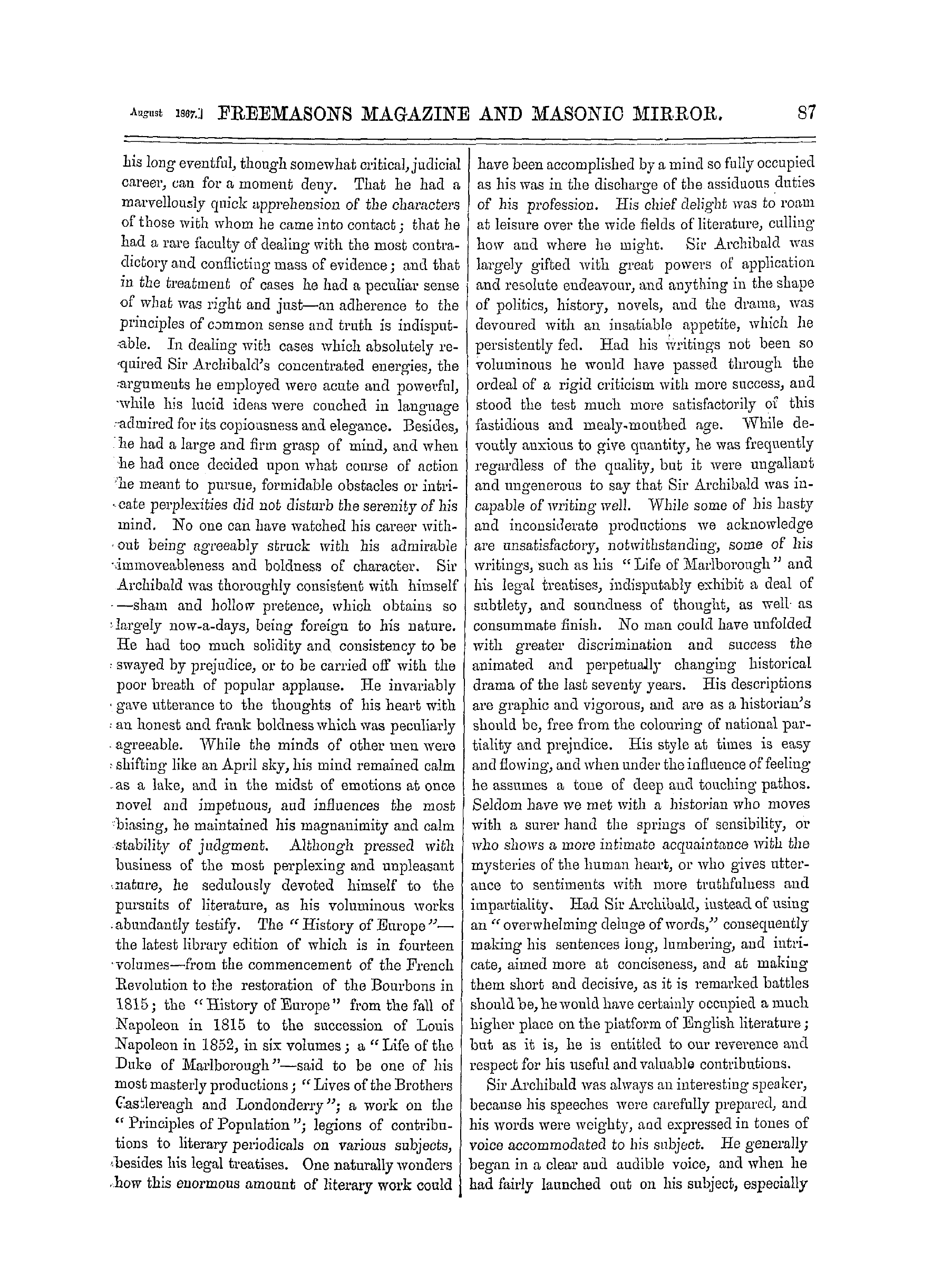 The Freemasons' Monthly Magazine: 1867-08-03 - Biographical Sketch Of The Late Sir Archibald Alison, Bart., &C,