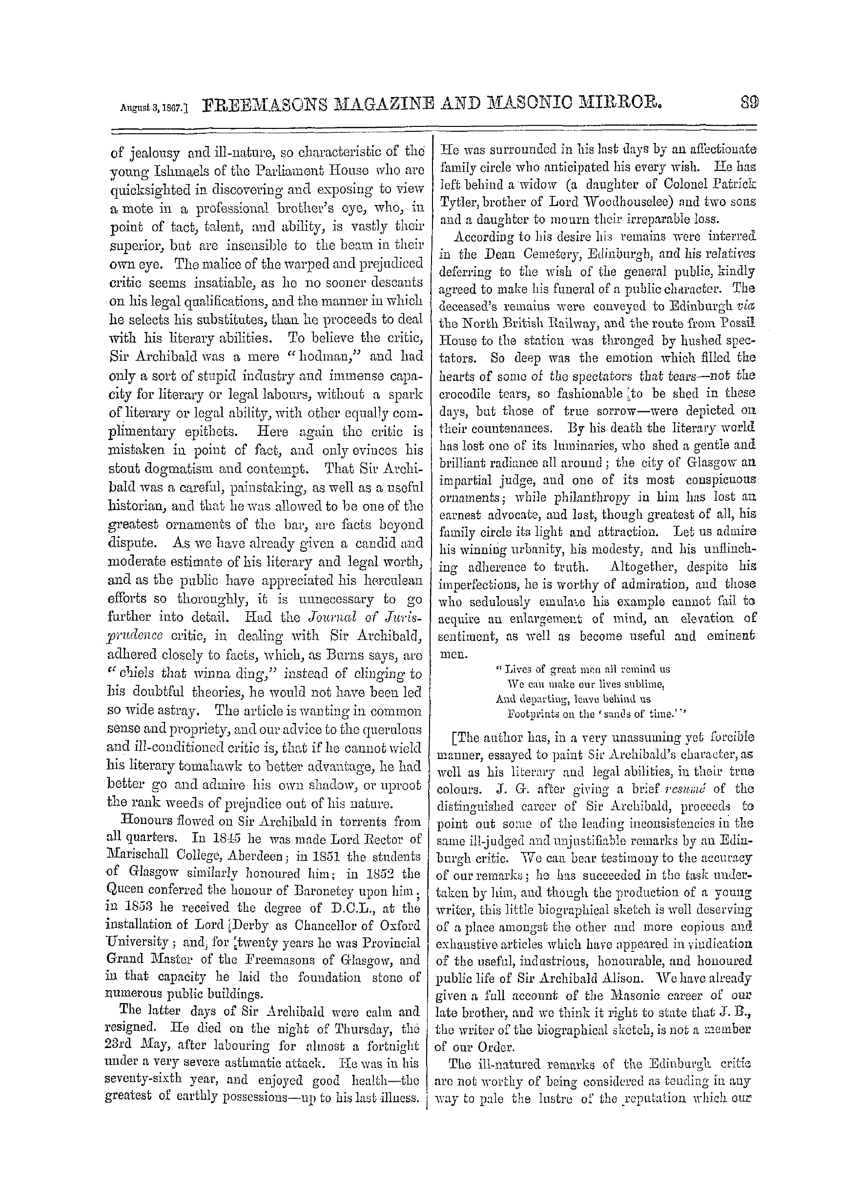 The Freemasons' Monthly Magazine: 1867-08-03 - Biographical Sketch Of The Late Sir Archibald Alison, Bart., &C,