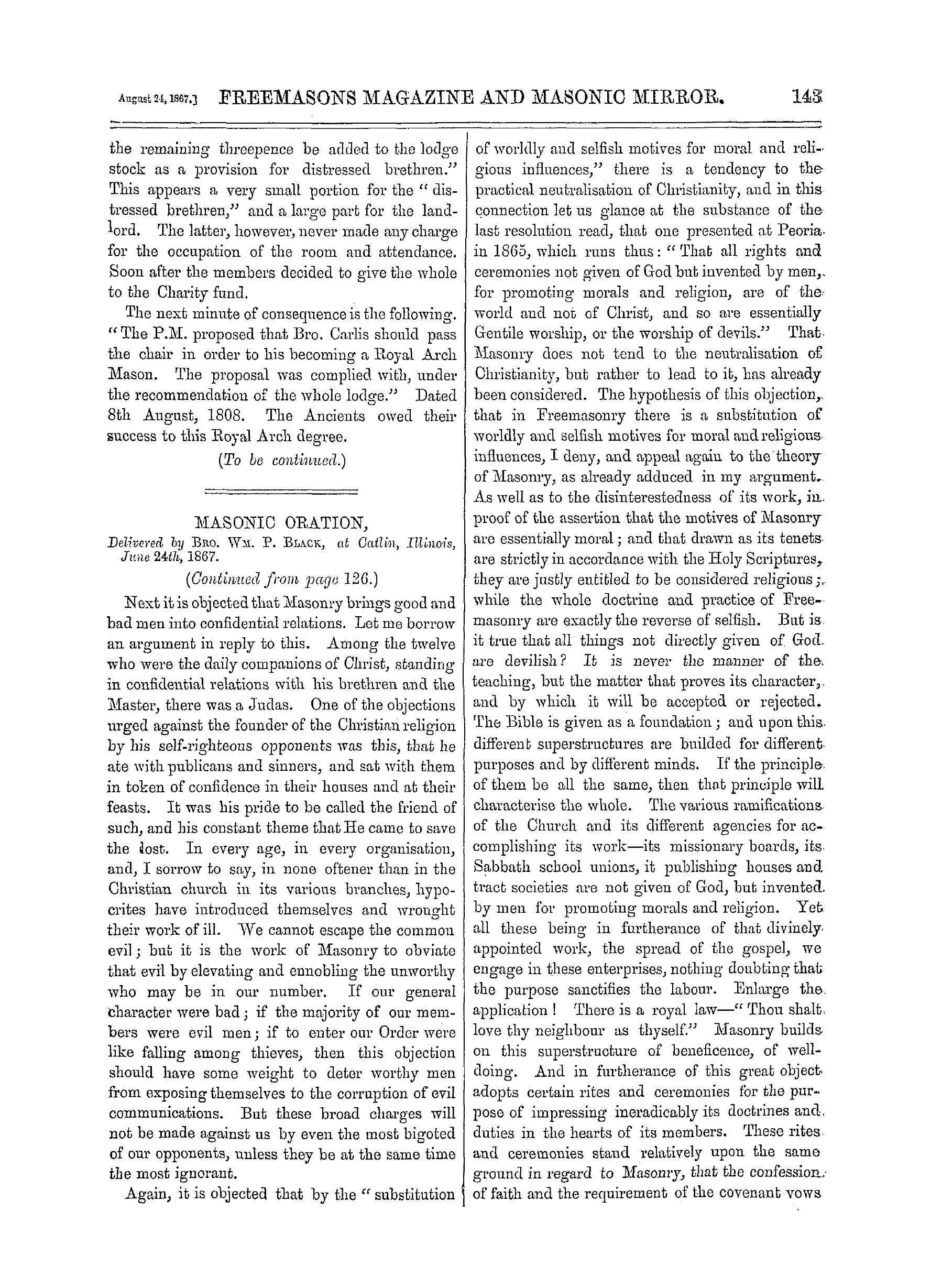 The Freemasons' Monthly Magazine: 1867-08-24 - Masonic Oration