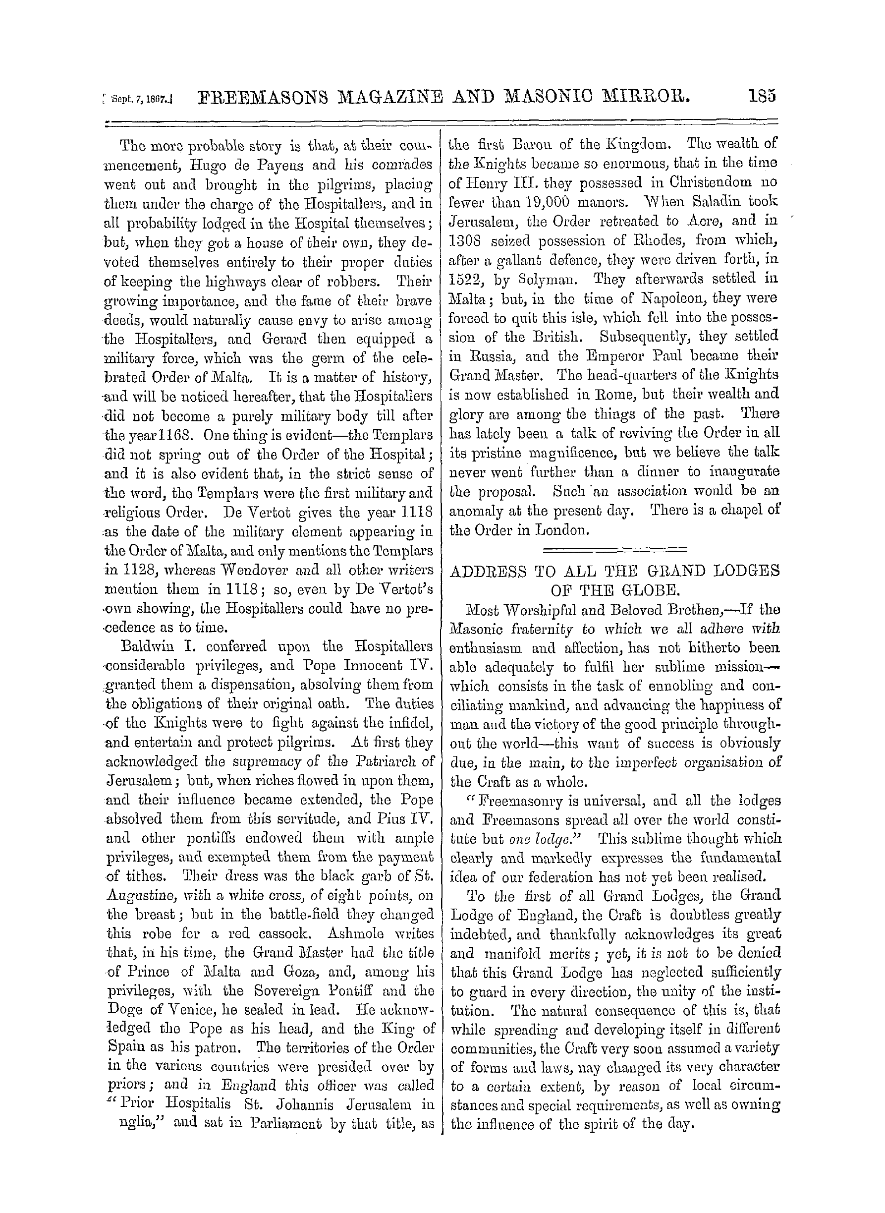 The Freemasons' Monthly Magazine: 1867-09-07 - The Knights Templars.